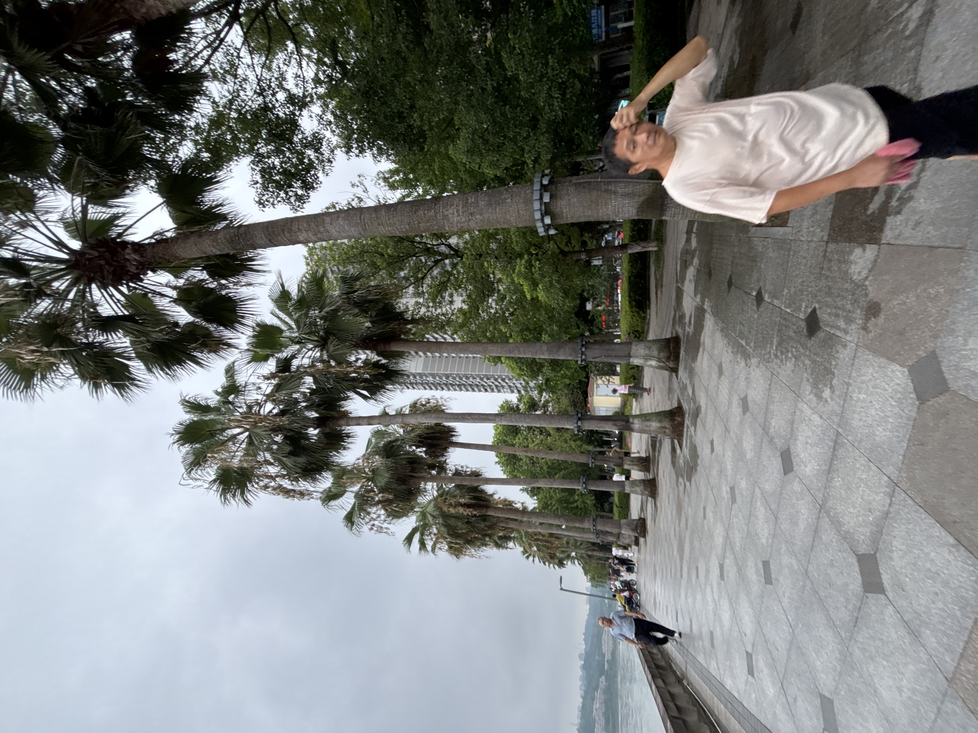 The image depicts a man in the foreground, wearing a light-colored t-shirt and dark pants, wiping his forehead with his right hand. He is holding a pink cloth in his left hand. The background shows a paved walkway lined with tall palm trees, suggesting an urban waterfront area. Several other people are visible in the mid-ground, walking or riding on a motorcycle, with a body of water to the left and buildings in the distance. The walkway is wet, indicating recent rain. A building can be seen in the far right background with Chinese characters on a blue sign. This scene is located on the south bank of the Yangtze River in Jiangjin District, Chongqing, China, a popular area for recreation and strolling.