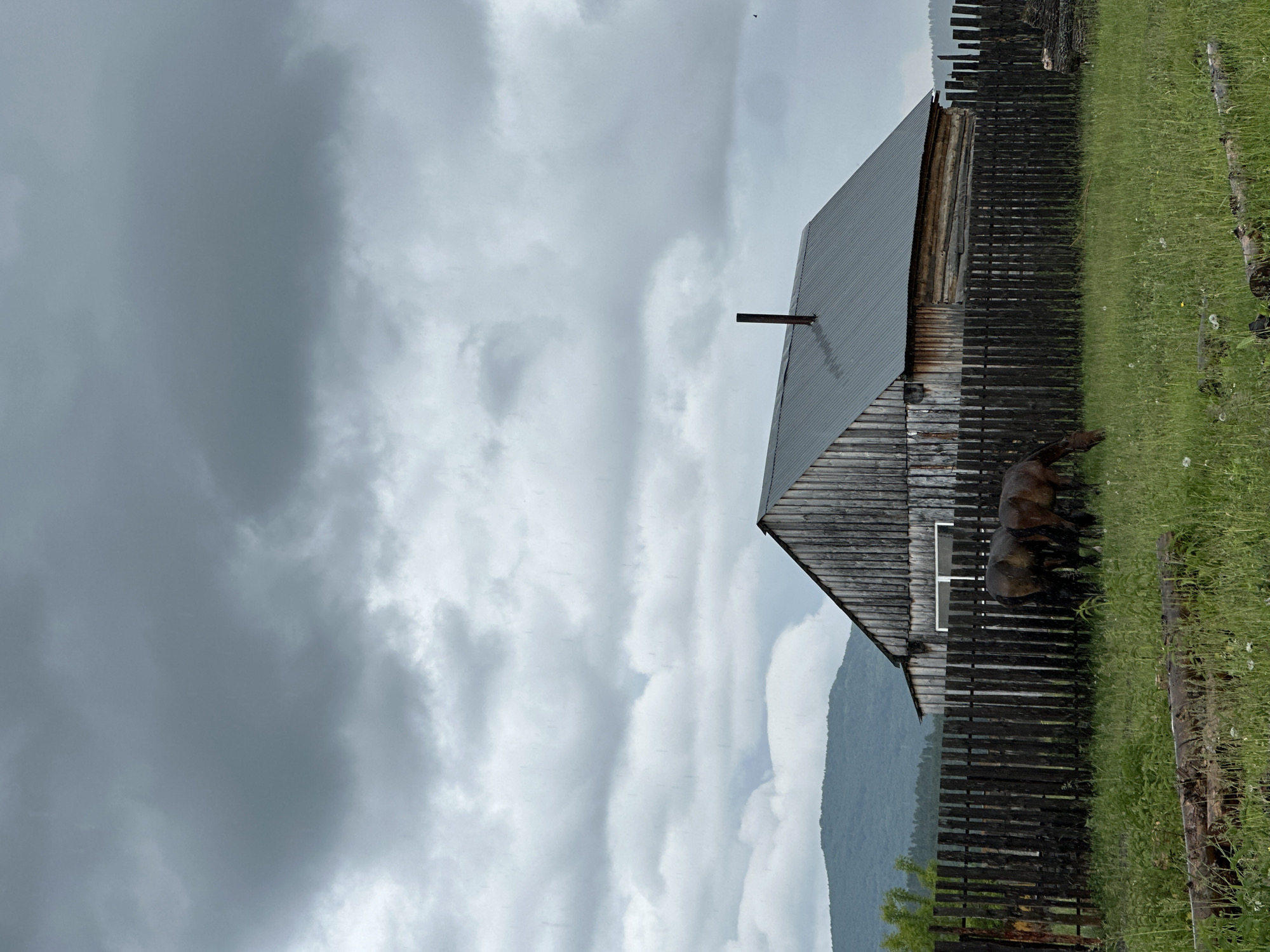 In Abzakovo, Russia, a rustic wooden barn with a corrugated metal roof stands behind a weathered wooden fence. Two horses graze in the grassy area in front of the fence. The sky is overcast with heavy, dark clouds, suggesting approaching rain, which appears to be falling in the image. In the background, rolling hills are visible under the gloomy sky. The scene evokes a sense of rural tranquility amidst a dramatic weather event.