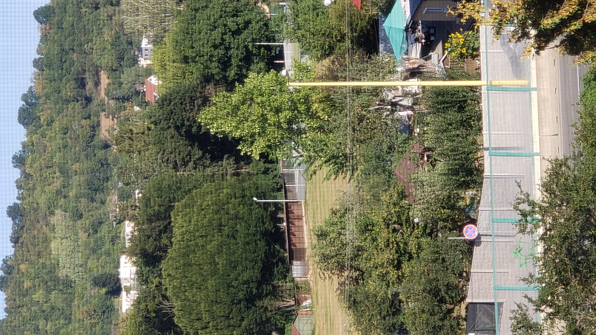 The image depicts a daytime view of a hillside residential area in Prešov, Slovakia, characterized by dense vegetation and scattered buildings. In the foreground, a concrete sound barrier runs horizontally across the frame, with a portion of a road visible below it. Above the barrier, a variety of trees and shrubs dominate the landscape, with some smaller structures, possibly sheds or garages, nestled amongst them. A prominent yellow pole stands vertically near the center of the frame, adjacent to a large, leafy tree. Further back, a long, low building with multiple openings is visible, set against a grassy field. Higher up the hillside, several houses and larger buildings are interspersed with trees, some with red tile roofs. The background is a densely wooded hillside under a clear sky. A circular traffic sign with a red border and a blue interior featuring a red diagonal bar is affixed to a pole on the left side of the sound barrier. A green canopy tent is visible on the right side of the image, with some sunflowers and a small structure beneath it. The overall impression is a suburban or semi-rural environment within the city.