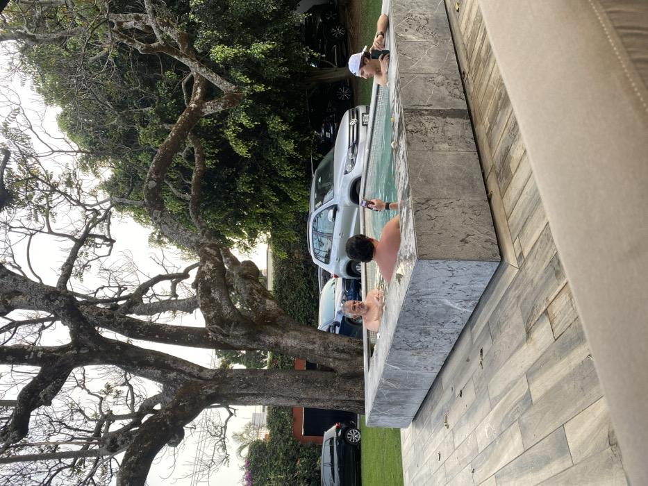 Three people are in a pool. A person wearing a white cap holds a phone in the pool water. Another person has their back to the camera. An older man is visible in the pool. Cars are parked beside the pool. A large tree with many branches is beside the pool. A portion of a chair is visible in the bottom right corner.