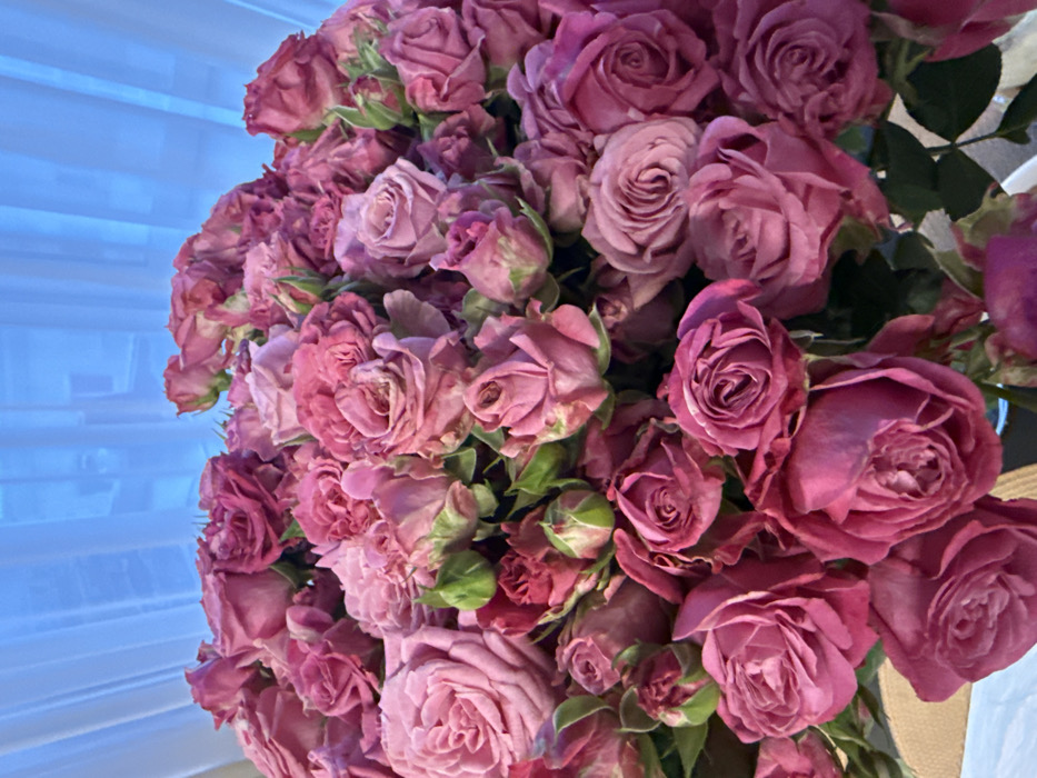 A dense bouquet of mauve roses dominates the frame, their petals tightly clustered and softly lit. Some blooms are fully open, revealing intricate swirls, while others are tightly closed buds. Green foliage peeks through, adding contrast. A background of blurry white blinds creates a diffused light, softening the overall scene. The composition is a close-up, capturing the texture and depth of the floral arrangement.