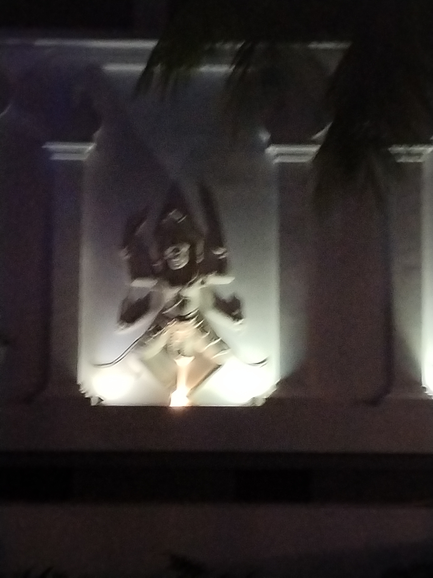 The image shows a carved religious sculpture, possibly Hindu or Buddhist, recessed into a white wall. The sculpture is illuminated by lights from below. Columns flank the recess, with foliage partially obscuring the top of the frame. The location is Bac Nha Trang Ward, Vietnam.