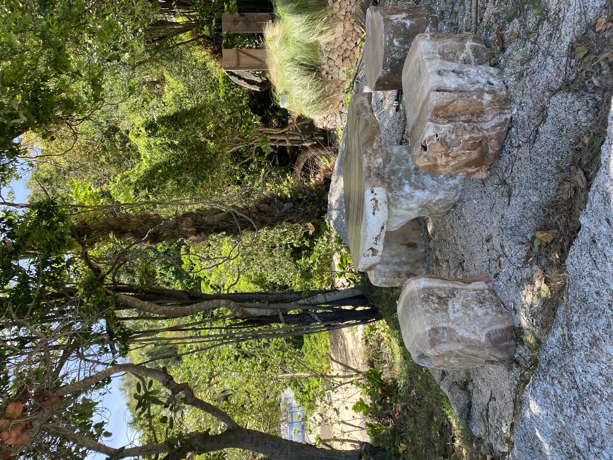 The image depicts a natural outdoor setting with a rock bench composed of large, stacked marble-like stones. The bench sits on a rocky terrain mixed with small pebbles and sparse vegetation. Behind the bench, a dense thicket of trees and shrubs forms a green backdrop. A path leads away from the bench, disappearing into the vegetation. The location appears to be near Ban Haad Rin, Thailand, inferred from the typical vegetation. No people are visible in the shot. The focus is on the natural environment and the constructed rock bench within it.