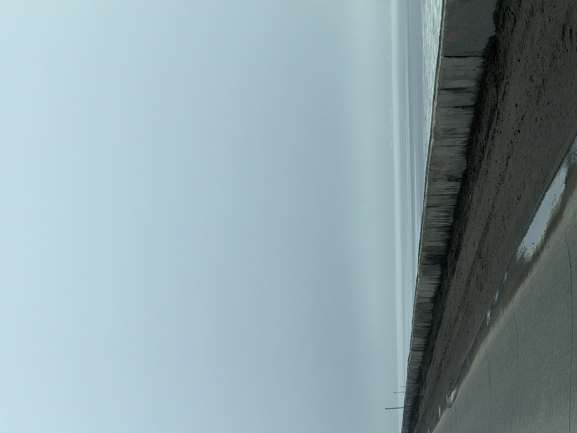 The image depicts an overcast scene in Chaikovsky, Russia. A gray sky meets the horizon over a body of water, likely the Kama River given the city's location. The right side of the image shows a section of asphalt road and a low concrete wall or embankment running parallel to the water's edge. The road surface is wet, with a few puddles reflecting light. There are a few utility poles visible in the distance along the wall. No people or other distinct objects are discernible in the image. The overall atmosphere is dull and possibly rainy.
