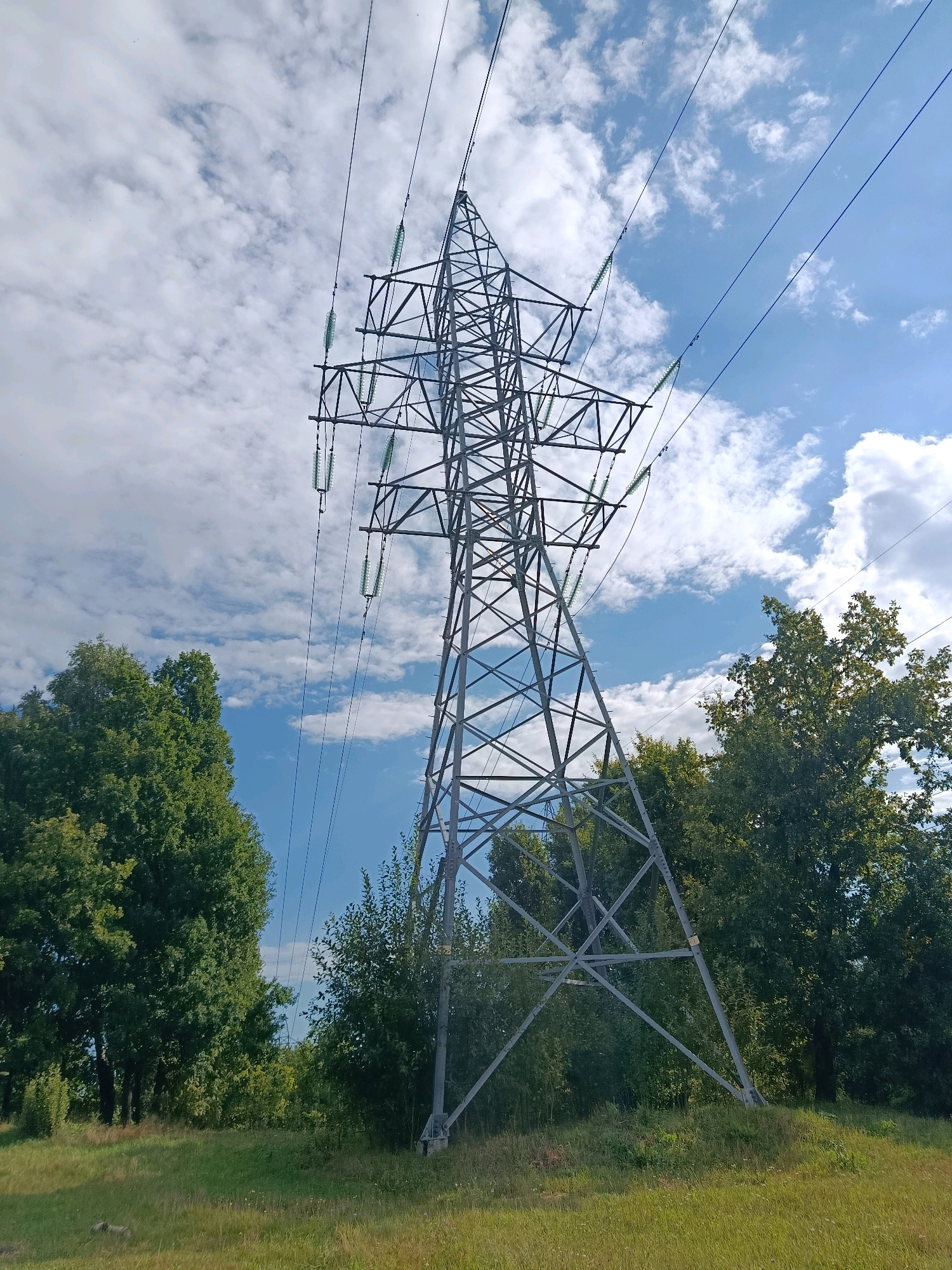 A tall, grey metal pylon for electrical transmission stands in the center of the frame. The pylon is made of a lattice of metal beams and has several rows of insulators with power lines strung between them. The pylon is surrounded by lush green trees on either side and in the background, with a grassy field in the foreground. The sky above is a bright blue with scattered white clouds. The image appears to be taken on a clear day. The location is unknown.