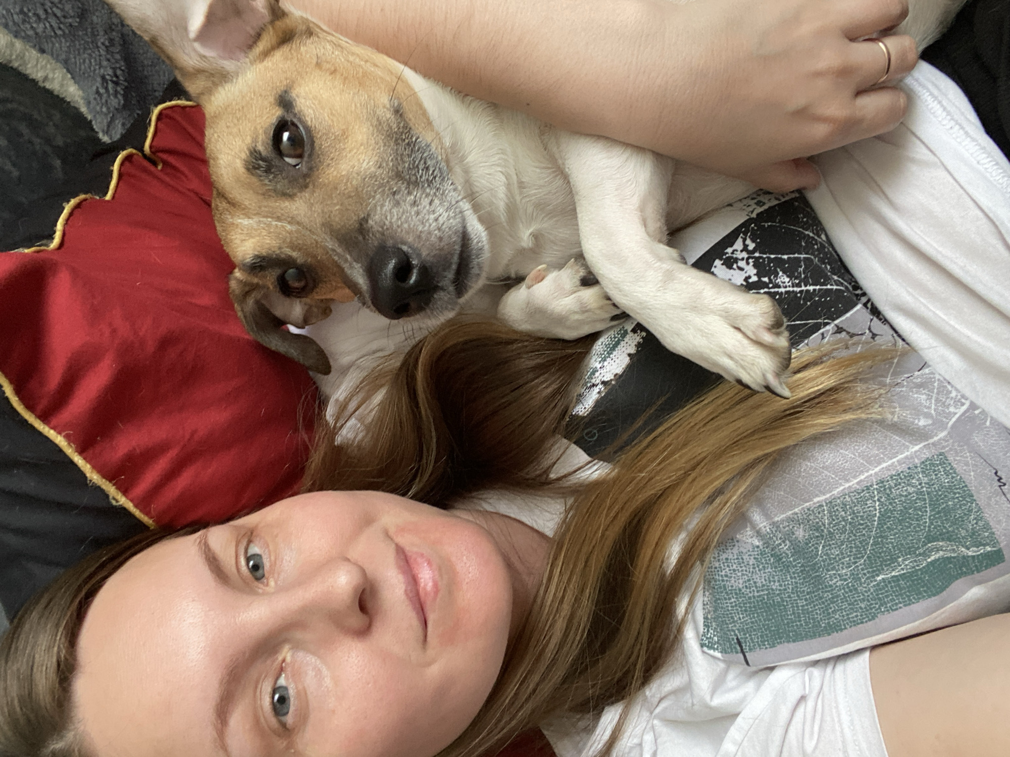 The media file presents an intimate, close-up indoor scene featuring a woman and her dog, captured from a selfie perspective. The woman, positioned at the bottom of the frame, lies on her back with her light brown hair fanning out around her head. She has fair skin, light-colored eyes, and a relaxed, slightly smiling expression. She is wearing a white t-shirt, and a simple gold ring is visible on a finger of her right hand, which rests near the dog.
The dog, a medium-sized breed with tan and white fur, is nestled closely beside and slightly above the woman's head. It has alert, dark eyes and a calm expression, looking directly at the camera. Its head is primarily tan/brown with some darker markings around the eyes, while its body and paws are white. Its front paws are tucked in, resting on the patterned fabric beneath.
The setting appears to be a cozy indoor environment, likely a bed or couch. Visible objects include a vibrant red pillow with a gold scalloped edge on the left, a dark grey or black textured fabric behind it, and a white t-shirt worn by the woman. Beneath the dog and part of the woman's hair, there is a fabric with a distinctive pattern featuring grey, white, and green leaf-like or abstract motifs.
The activity depicted is a shared moment of relaxation and companionship between the woman and her pet. The overall mood is peaceful and affectionate. No specific time of day or external location cues are visible beyond the implied indoor setting. There is no visible text in the image.