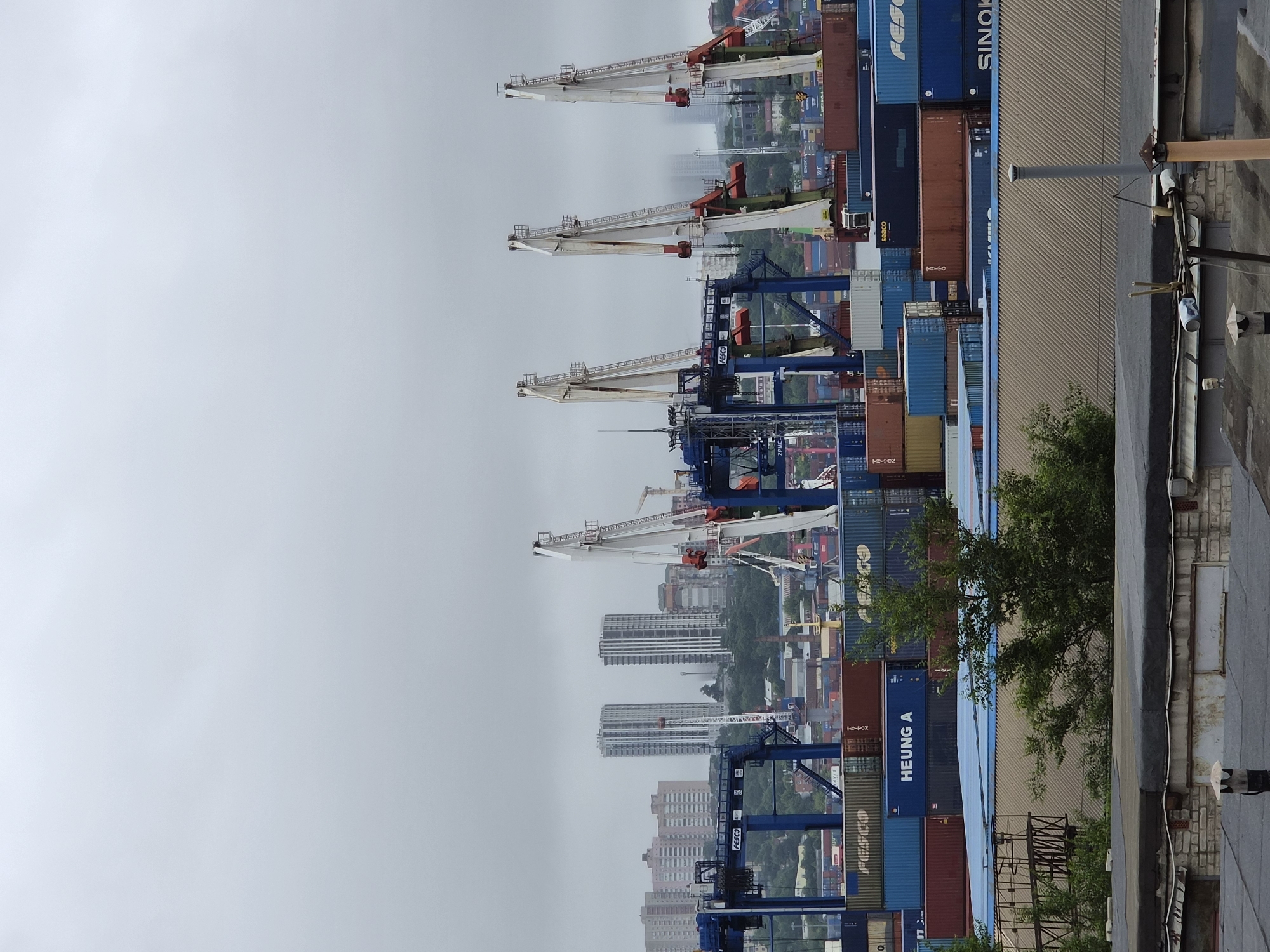 The image captures a view of a bustling container port in Vladivostok, Russia, under an overcast sky. In the foreground, a rooftop with various structures and ventilation pipes is visible. The midground is dominated by stacks of shipping containers in various colors, including blue, red, and yellow, and several large gantry cranes, some of which are white with orange accents and others are blue. The cranes are positioned over the containers, suggesting ongoing loading or unloading operations. In the background, a cityscape unfolds with numerous multi-story buildings, including modern high-rises, and green trees interspersed among them. The overall scene depicts a functional industrial port environment integrated within an urban setting.