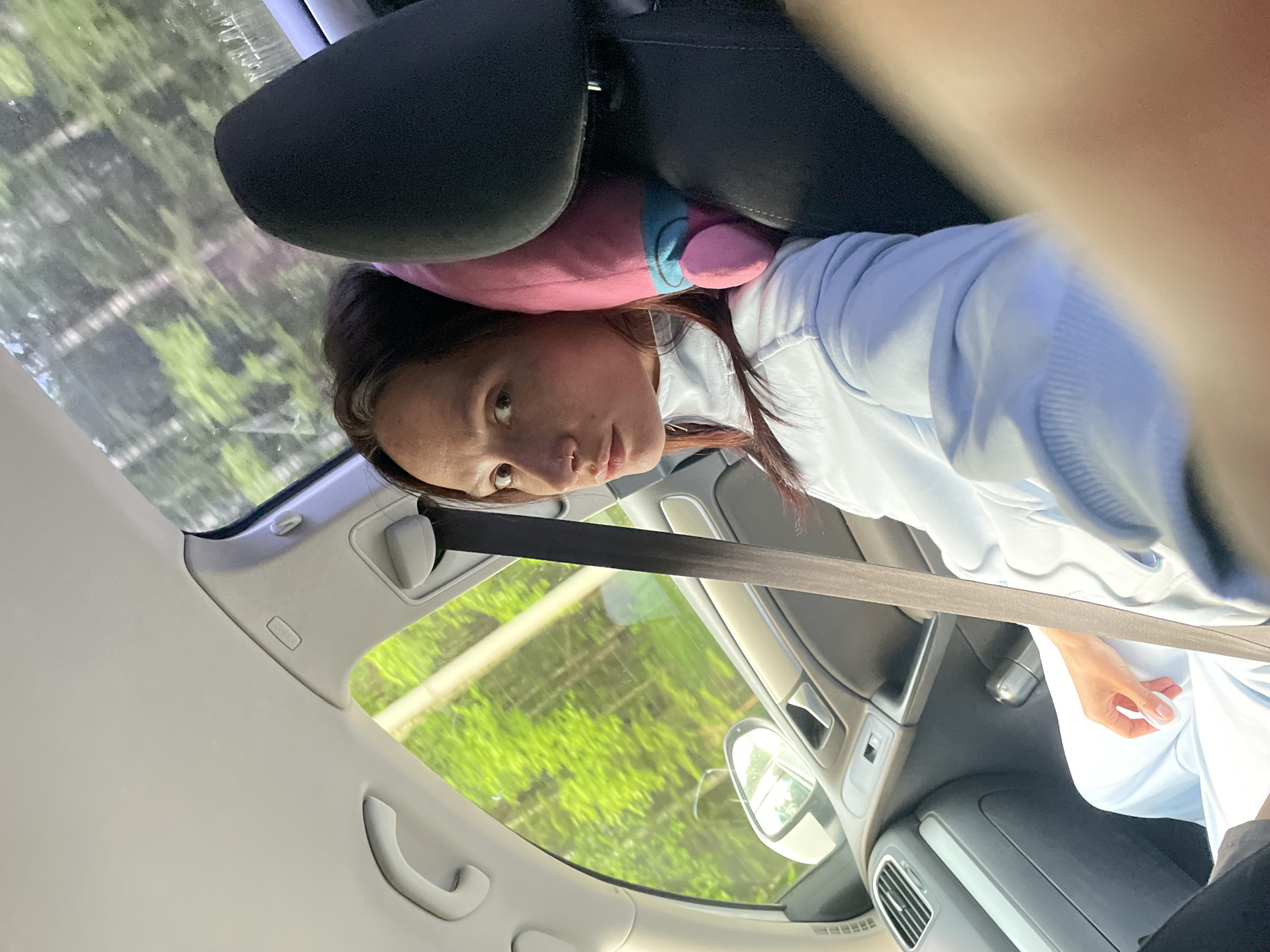 The image shows a female individual seated in the front passenger seat of a vehicle in Павловка, Russia. The woman, with dark hair parted centrally and a small ring piercing on her left nostril, is wearing a light blue long-sleeved, high-collared sweatshirt and matching light blue pants. She maintains a direct gaze at the camera with a neutral expression. A dark-colored seatbelt is fastened across her chest and lap. Behind her head, a pink plush toy, appearing to be a character, is positioned against the dark car seat headrest.
The car's interior features a light gray headliner with an "AIRBAG" label visible above the passenger door, accompanied by a gray grab handle. The dashboard and door panel are dark gray, showcasing a circular air vent on the dashboard and window controls on the door. A metallic gear shifter knob is partially visible in the lower center of the vehicle's interior. Through the front and rear passenger windows, a vivid green, forested landscape is visible, suggesting the vehicle is either in motion or parked amidst abundant natural foliage. A side mirror is also discernible through the front passenger window. Her left hand rests on her lap, holding a small white object, while her right arm extends out of frame towards the bottom right.