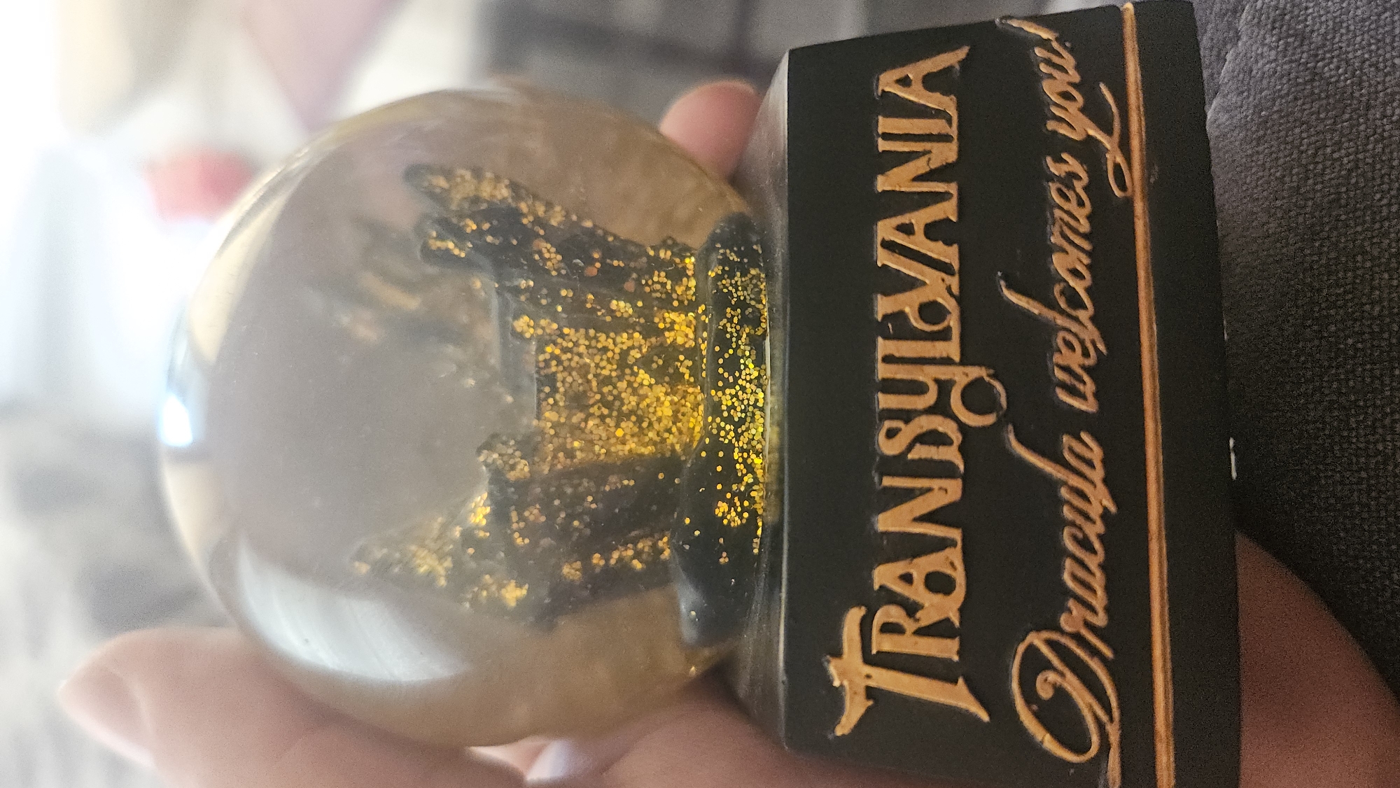 A snow globe with a black castle and gold glitter inside is displayed on a black base with gold lettering that reads "Transylvania Dracula welcomes you!" The image is cropped closely around the snow globe and its base, and the background is out of focus. The setting of Plovdiv, Bulgaria, is not evident in the image.