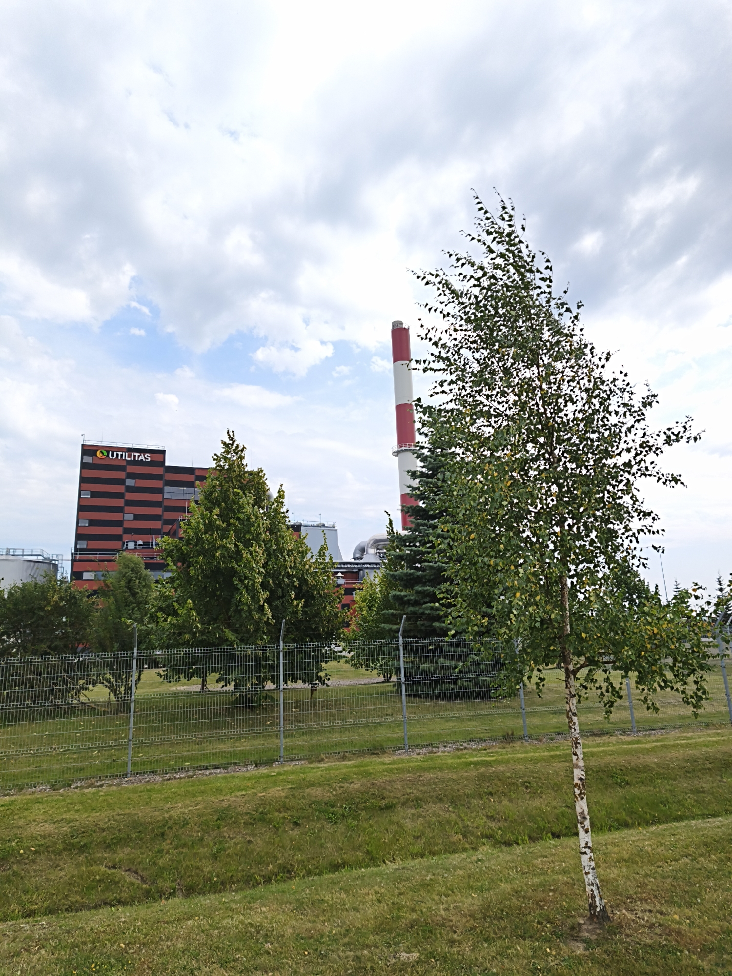 The image depicts the Utilitas heat and power plant in Tallinn, Estonia, a complex featuring a large, modern building with a distinctive red and black striped facade, displaying the "UTILITAS" logo. Adjacent to the building stands a tall, red and white striped smokestack. In the foreground, a slender birch tree with sparse green foliage is positioned beside a wire mesh fence. Beyond the fence, lush green grass covers the ground, with other trees visible in the background. The sky above is partly cloudy, with a mix of white and grey clouds against a pale blue backdrop. The scene is set outdoors, under natural daylight conditions, and there are no people or animals visible in the frame.