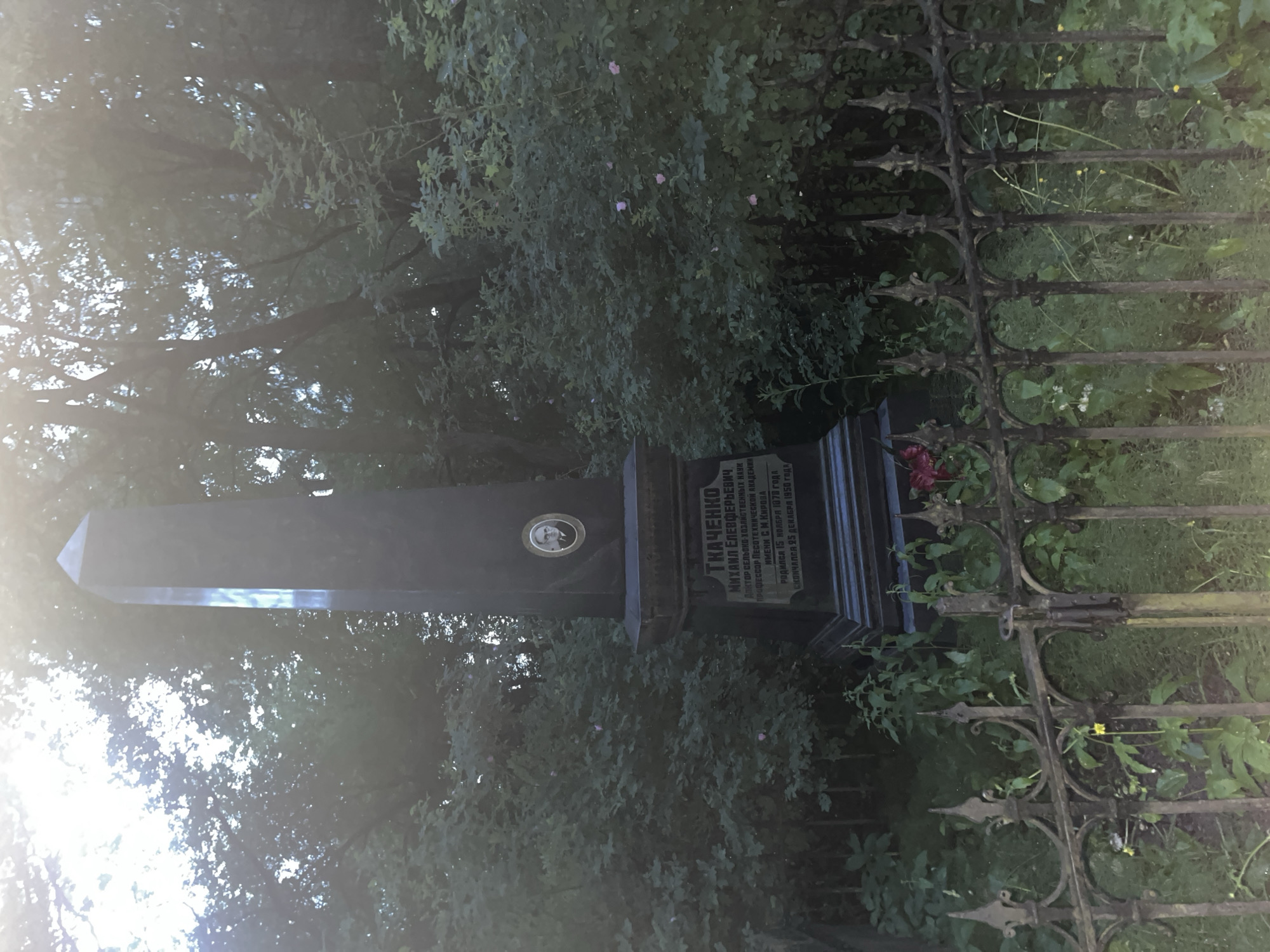 The image depicts a dark obelisk-shaped monument within a lush, green cemetery setting. The monument is inscribed with text in Cyrillic, indicating it is a gravestone. A black metal fence with decorative spikes runs along the bottom of the frame, partially obscuring the lower portion of the monument and the surrounding vegetation. Small pink and yellow flowers are visible in the foreground and near the monument. The background is filled with dense foliage and trees, suggesting an outdoor, natural environment. The lighting suggests it is either early morning or late evening, with a soft, diffused light. The overall atmosphere is somber and serene. Based on the monument's inscriptions, this appears to be the grave of Mikhail Eleferevich Tkachenko, a Doctor of Agricultural Sciences and Professor at the Petro-Technical Academy, who was born on November 15, 1878, and died on December 25, 1956. The Petro-Technical Academy was located in Saint Petersburg, Russia.