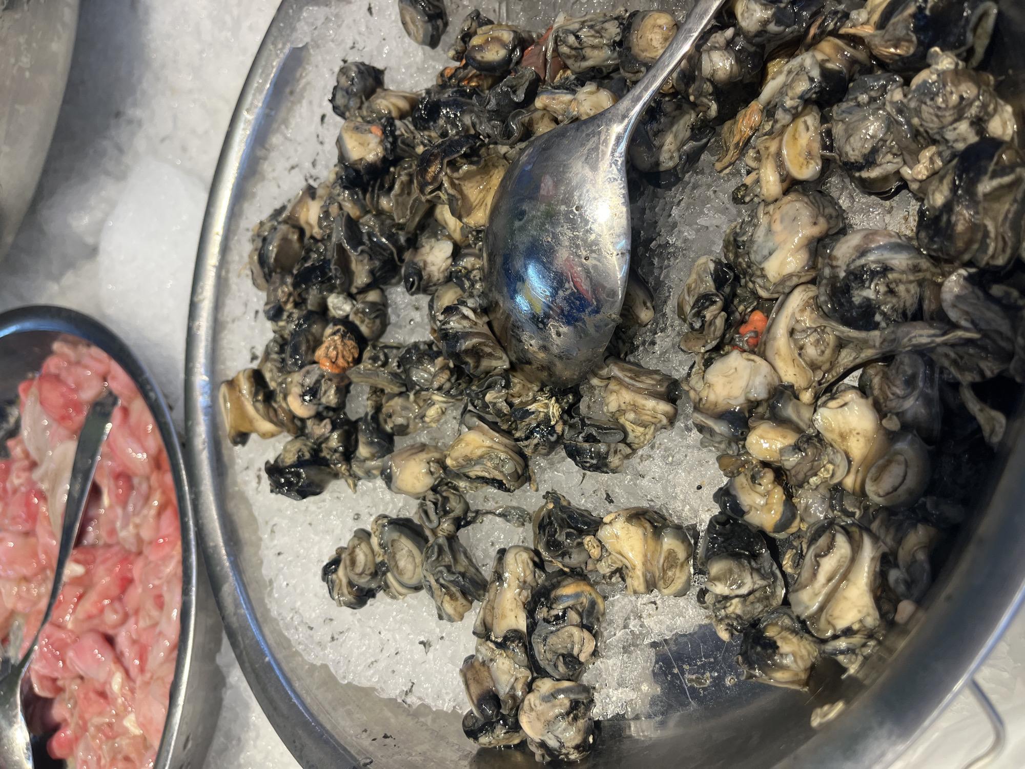 The image shows a close-up of a metal bowl filled with oysters on ice. The oysters are small, dark, and appear to be shucked. Some are whole, while others are broken. A silver spoon rests on top of the oysters, partially submerged in the ice. In the background, another metal bowl is visible, containing pink, raw meat, possibly fish or pork, also on ice. The scene appears to be a display at a food market or restaurant. No people are visible in the image. The lighting is bright, suggesting an indoor setting. The overall impression is one of fresh seafood presentation. The location in Tay Nha Trang Ward, Vietnam is not explicitly indicated by any visual cues in the image itself.