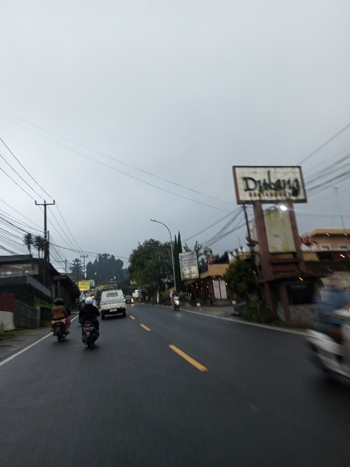 The scene depicts an overcast, grey day or twilight on a wet, two-lane asphalt road in Dawathang_Dorjibi_ Kashingtsawa, Bhutan, indicating recent precipitation. The road features a double solid yellow centerline.
Three motorcycles are prominently visible: two in the mid-foreground traveling away from the viewer, and one on the far right, heavily motion-blurred, appearing to travel towards or across the viewer. The lead motorcycle rider in the foreground wears a dark jacket and a white helmet, while the rider behind them wears a brown jacket and dark helmet. A white pickup truck is visible further down the road, also traveling away.
On the left side of the road, multiple utility poles support a dense network of black electrical or communication cables, extending horizontally across the frame. Behind these, dark-colored multi-story buildings are visible, partially obscured by trees. A red and white striped barrier or wall section is present at the bottom left.
On the right side of the road, a large, weathered brown-framed sign with white lettering displaying "Dulung RESTAURANT" is prominently mounted on a pole. Below it, other commercial buildings are visible, some with illuminated windows or signs, suggesting businesses are open. Further down, additional signs, one possibly reading "Kopi Susu" in an Asian script, are present. Trees and vegetation are interspersed among the structures. A street lamp is also visible on the right. The overall lighting is dim and diffused.