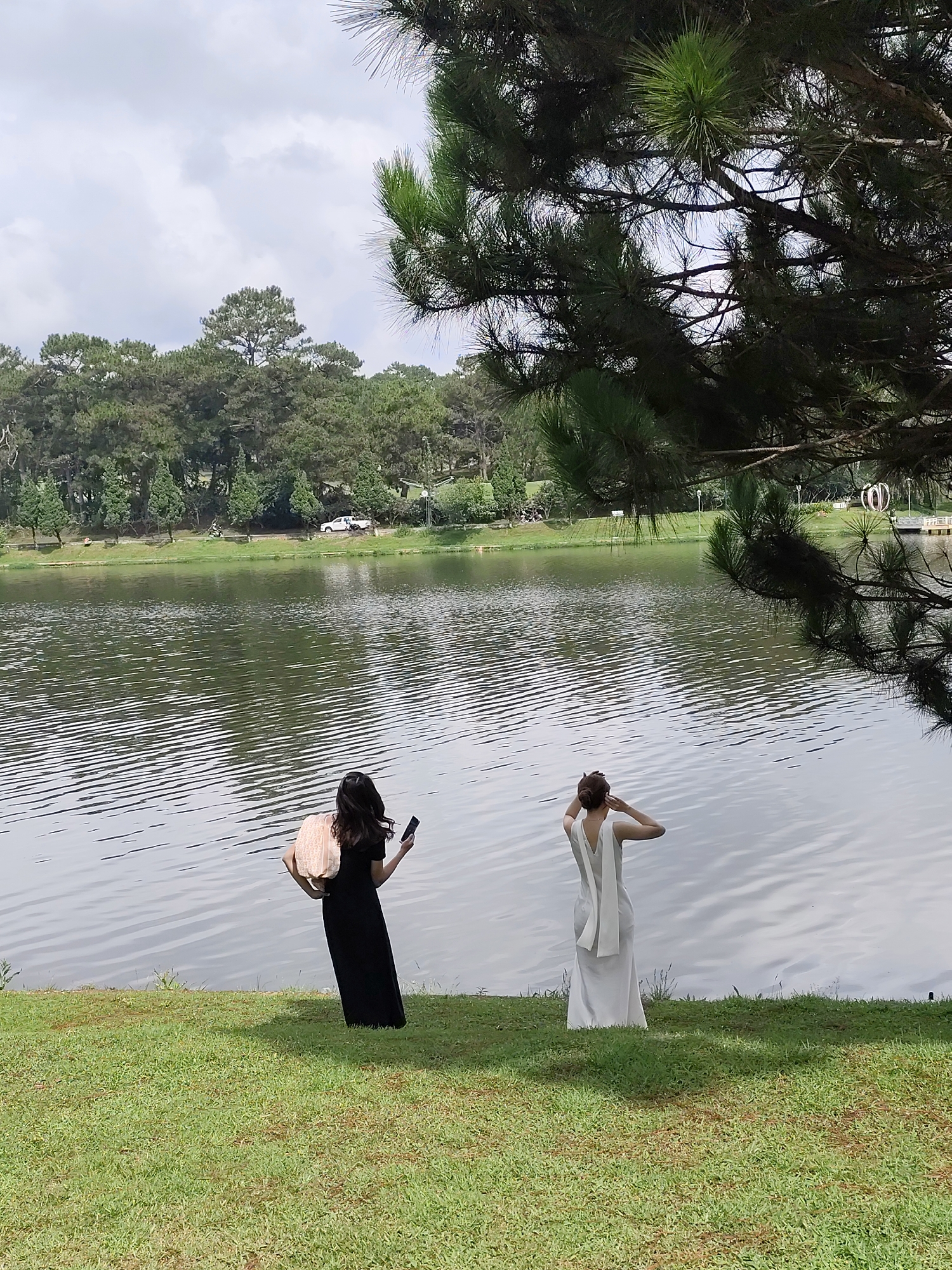 The image presents a picturesque natural landscape in Da Lat, Vietnam, featuring two women standing with their backs to the viewer at the edge of a large lake. The woman on the left is dressed in a long black gown, holding a smartphone in her right hand and carrying a light-colored bag or shawl over her left shoulder. The woman on the right wears a flowing long white dress with a distinctive design on the back, and her hands are near her head, as if adjusting her hair or dress, which is styled in a bun.
They are positioned on a lush green grassy bank that meets the calm, rippling surface of the lake. Across the water, a dense pine forest covers the distant shoreline and extends up the hills. A narrow road or path runs along the far side of the lake, where a white vehicle and some small structures are faintly visible among the trees. The upper right corner of the frame is adorned by the vibrant green needles of a large pine branch, providing a natural foreground element.
The scene unfolds under a soft, diffused light from an overcast sky with scattered clouds, suggesting a mild daytime setting. The women appear to be enjoying the scenic view or possibly posing for a photograph in this serene environment. No text is visible in the media.