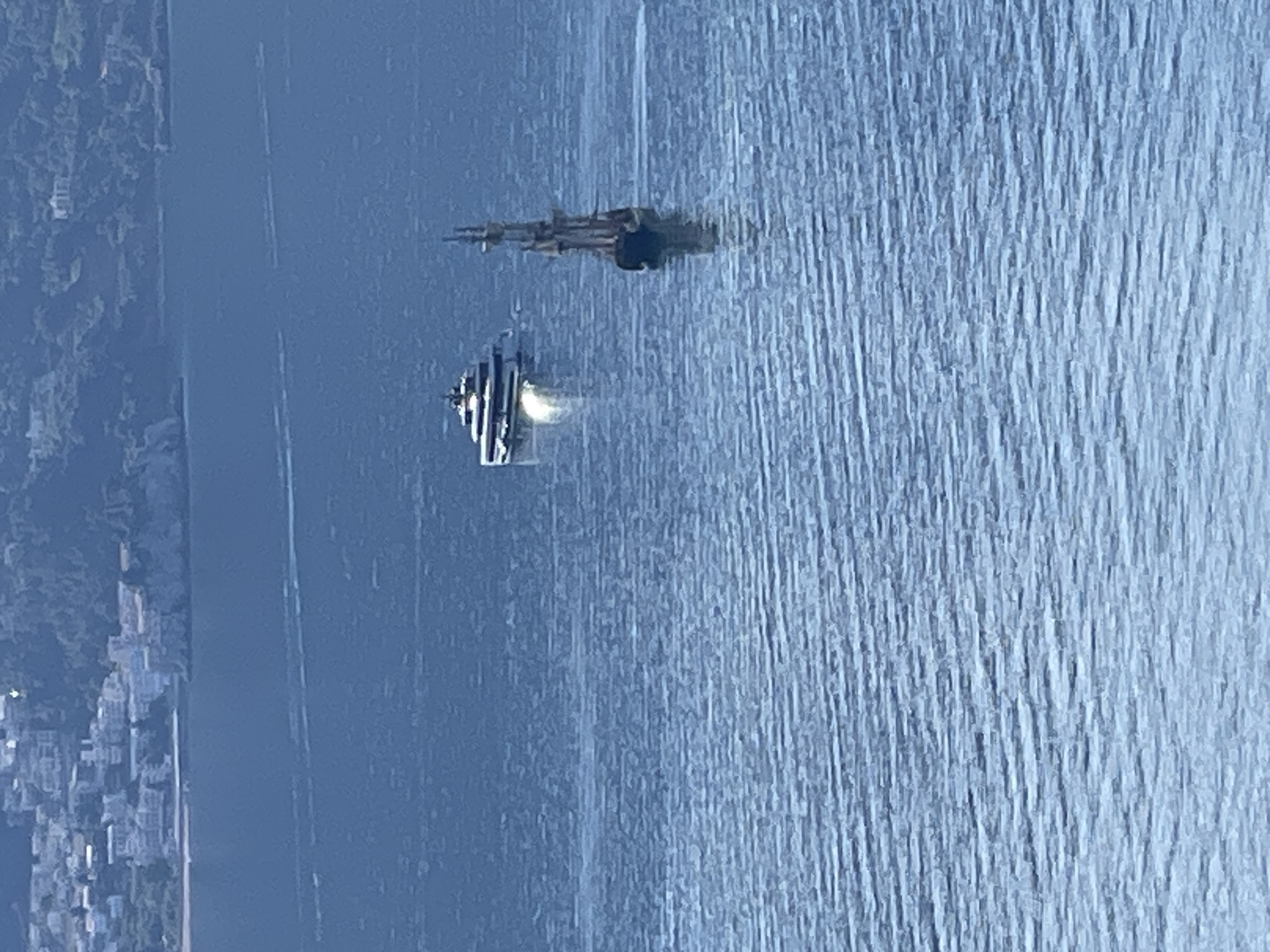 The image shows two ships on the Adriatic Sea, viewed from a high vantage point likely in Budva, Montenegro. The sea has a rippled surface texture. The ship closer to the viewer is brightly lit with a white color, appearing modern. The ship further away is darker and has a more complex, potentially older, structure. On the left side of the frame, there is a blurred coastline with buildings and trees, consistent with the urban setting of Budva.