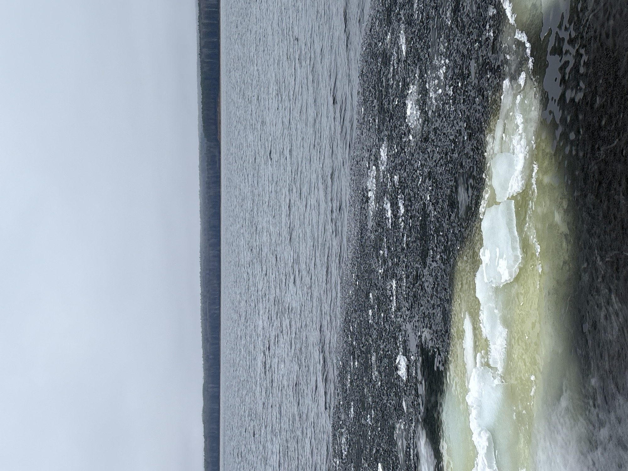 The image depicts a body of water with ice formations along the edge, presumably in the city of Chaikovsky, Russia. The water appears choppy. A line of trees is visible in the background, suggesting the edge of a forest or park. The sky is overcast. There are no people visible in the frame. The primary objects are water and ice. There are no actions or interactions captured in the image. The environment is cold, indicated by the ice.