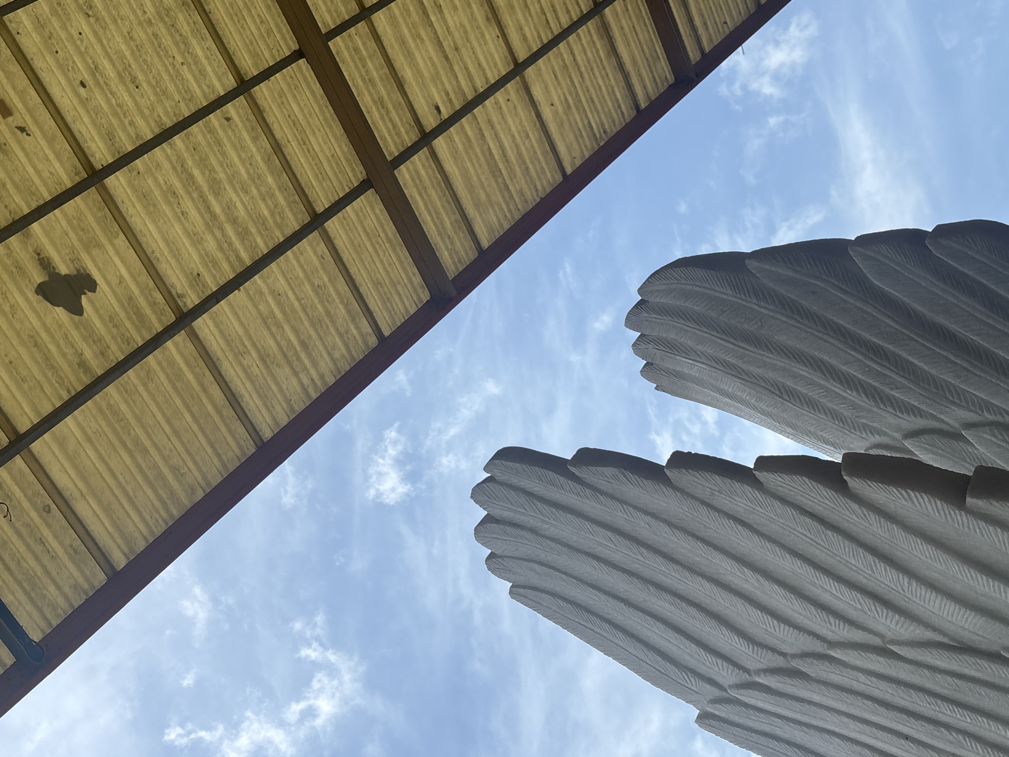 An upward view of a gray stone sculpture, shaped like large feathers or wings, is captured against a pale blue sky with scattered white clouds. The sculpture is on the left side of the frame. To the right and extending across the top of the image is a translucent, yellowish corrugated roof supported by dark metal beams. A dark, organic shape, possibly a bird or debris, is visible on the surface of the roof. The scene appears to be outdoors, likely in an urban or public space.