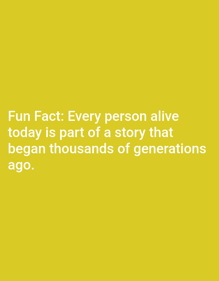 The image shows a plain yellow background with white text that reads: "Fun Fact: Every person alive today is part of a story that began thousands of generations ago." There are no people, objects, or environmental features depicted in the image. The location of Lagos, Nigeria, is not relevant to the content of the image.