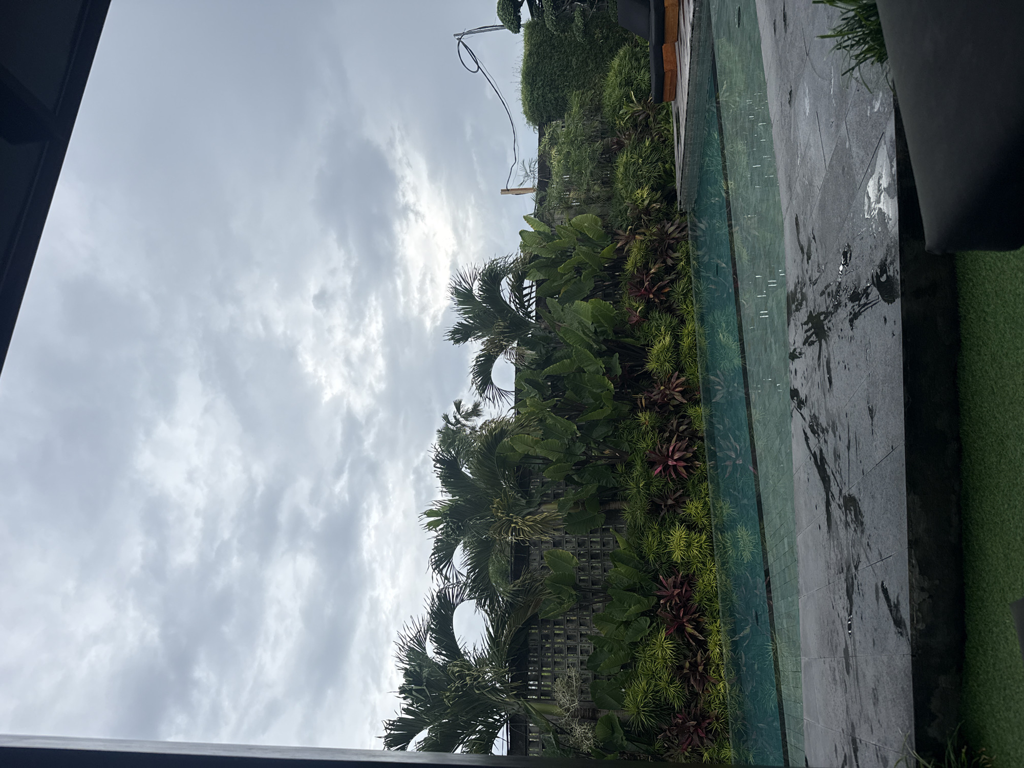 The image captures an outdoor scene from what appears to be an elevated vantage point, possibly a balcony or window. The sky dominates the upper portion, featuring a dense cover of grey, white, and dark clouds, indicating an overcast day. The lighting is soft and diffused.
In the mid-ground, a lush band of tropical vegetation extends horizontally across the frame. Prominent subjects are several palm trees with their characteristic fronds, alongside large-leafed plants and various smaller shrubs, some displaying reddish-purple foliage. Behind this green wall, a dark architectural structure with a grid-like pattern is partially visible. In the upper right, a sculpted green bush and a dark cable or wire are noticeable against the sky.
In the lower mid-ground, a serene body of water, likely a swimming pool or a decorative water feature, runs parallel to the vegetation. Its immediate edge is paved with dark, square tiles, which show several irregular dark smudges or wet patches. To the far right, a narrow strip of bright green, possibly artificial, turf is visible. A dark architectural element, perhaps a window frame or railing, frames the bottom and left edges of the foreground.
No people or activities are visible. The scene evokes a tranquil and private atmosphere, typical of a resort or a well-landscaped outdoor area on a cloudy day. There is no visible text within the image.