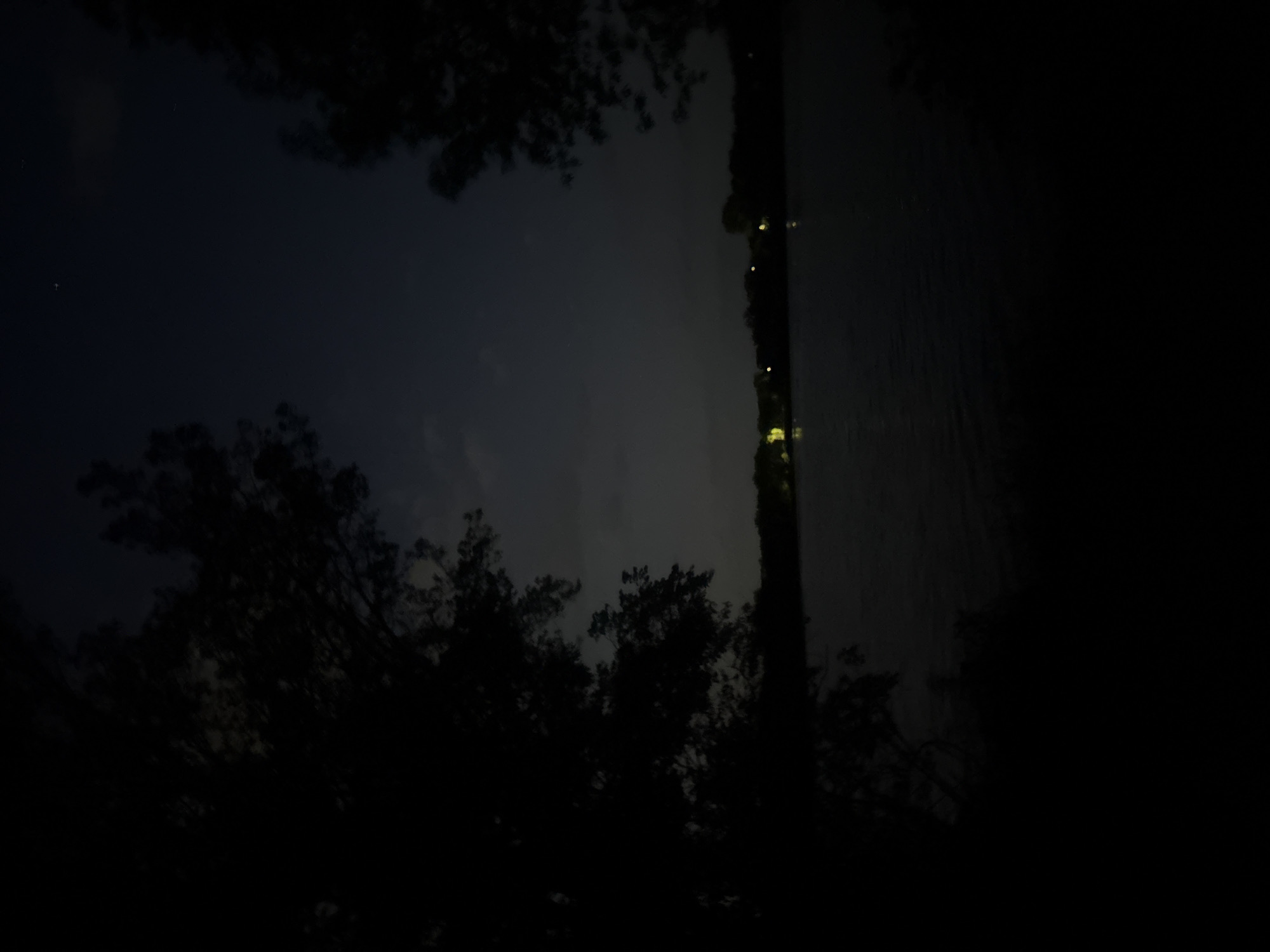 A nighttime scene depicts a body of water, likely a lake or river, under a dark, cloudy sky. Silhouettes of trees frame the left and right sides of the image. In the distance, across the water, a faint line of trees is visible, punctuated by scattered yellow lights from buildings or streetlights. The water's surface is dark and reflects the dim light from the sky and distant lights. The overall mood is dark and tranquil.