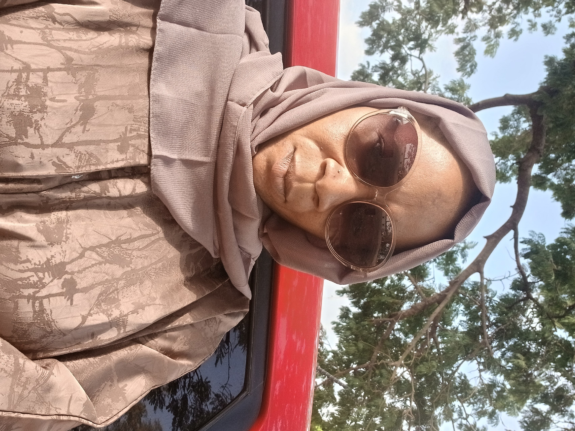 A woman with a light brown complexion wearing a light brown headscarf and brown sunglasses is posing for a photo. She is partially seen inside a red vehicle, perhaps a car, with a window visible next to her. Outside, a tree with green leaves is visible against a partly cloudy sky. The location is Rigachikun, Nigeria.