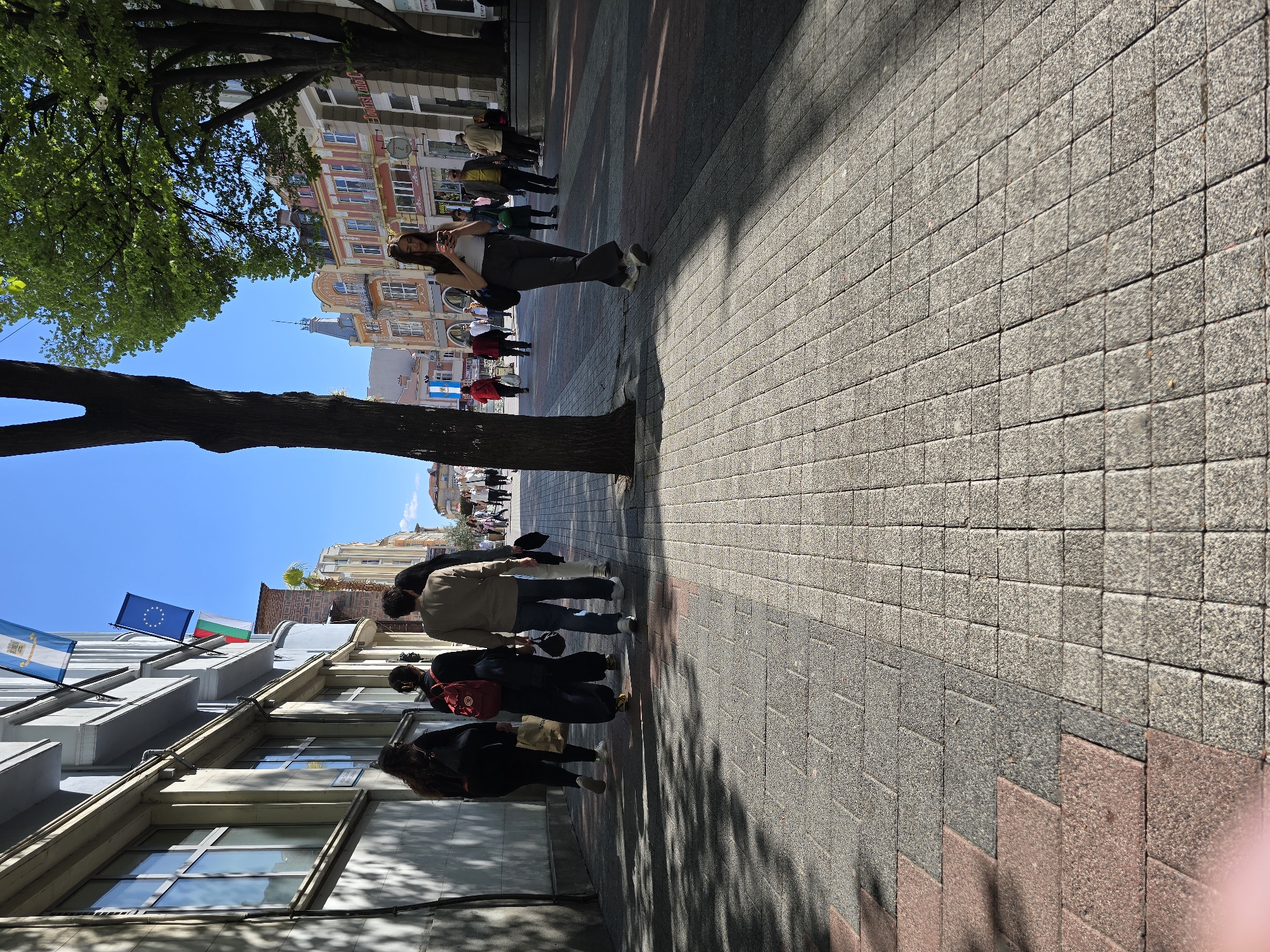 Here is a forensic description of the image:
The image shows a street scene in Unknown, Unknown. The photograph appears to have been taken on a bright, sunny day. The main focus is a brick-paved pedestrian walkway extending into the distance. Along the walkway, there is a line of people. Several individuals are walking along the sidewalk, and one person appears to be standing and looking at their mobile phone. A large tree is on the left side of the frame, casting shadows onto the walkway. The trunk appears to be the same height as the buildings, and the branches stretch across the top of the image.
Buildings are visible in the background on both sides of the street. The buildings are of varying heights and architectural styles. Flags are flying in the image on the left side.