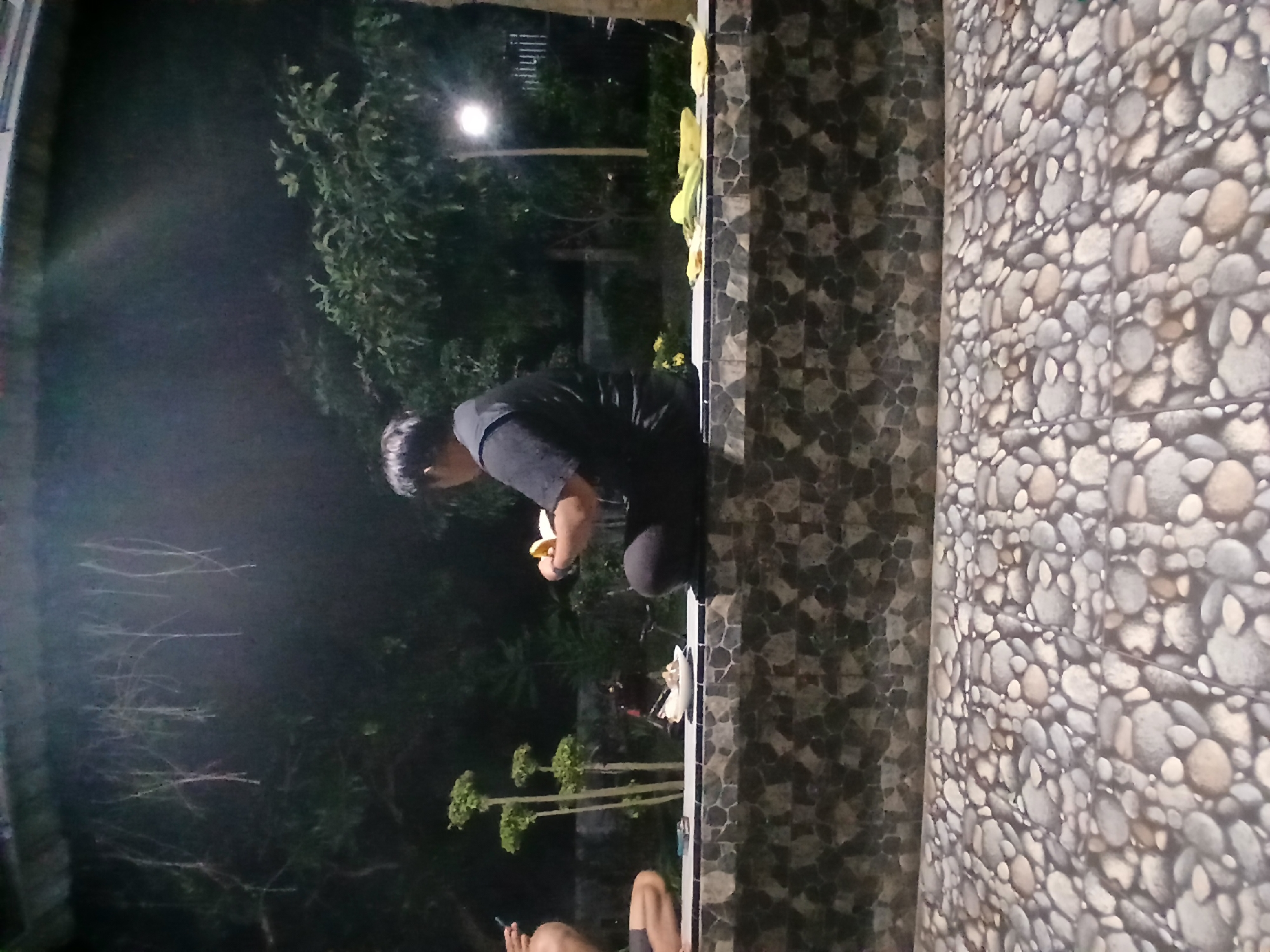 At night in Sekarputih, Indonesia, two individuals are seated on a low stone wall. The person on the right, viewed from the back, wears a black t-shirt and is holding what appears to be food. The person on the left is partially visible, also seated on the wall, and is holding a mobile phone. Several bananas are scattered on the wall to the right of the person in black. Behind them, a lush, dark background suggests vegetation and trees, with a single outdoor light fixture visible in the distance. The foreground is a patterned floor of large, smooth stones. Hanging vines are visible in the upper left corner of the frame.