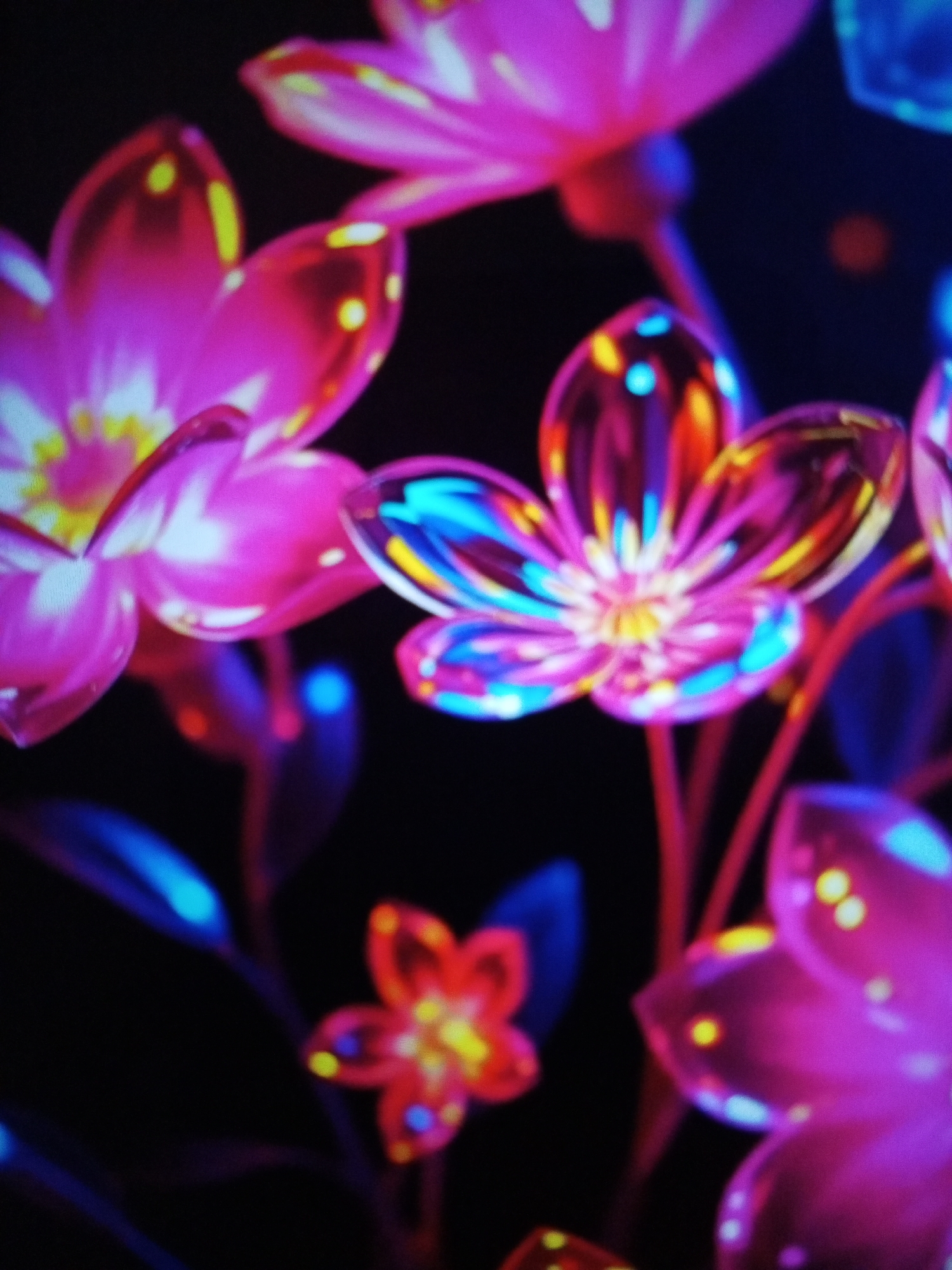 The image shows a close-up of several stylized, brightly colored flowers against a dark background. The flowers have a glassy, translucent appearance, with petals in shades of pink, blue, orange, and yellow. The light appears to be emanating from within the flowers. There is no visible information in the image to establish a connection to Tinaquillo, Venezuela, or any specific location. There are no people visible in the image.