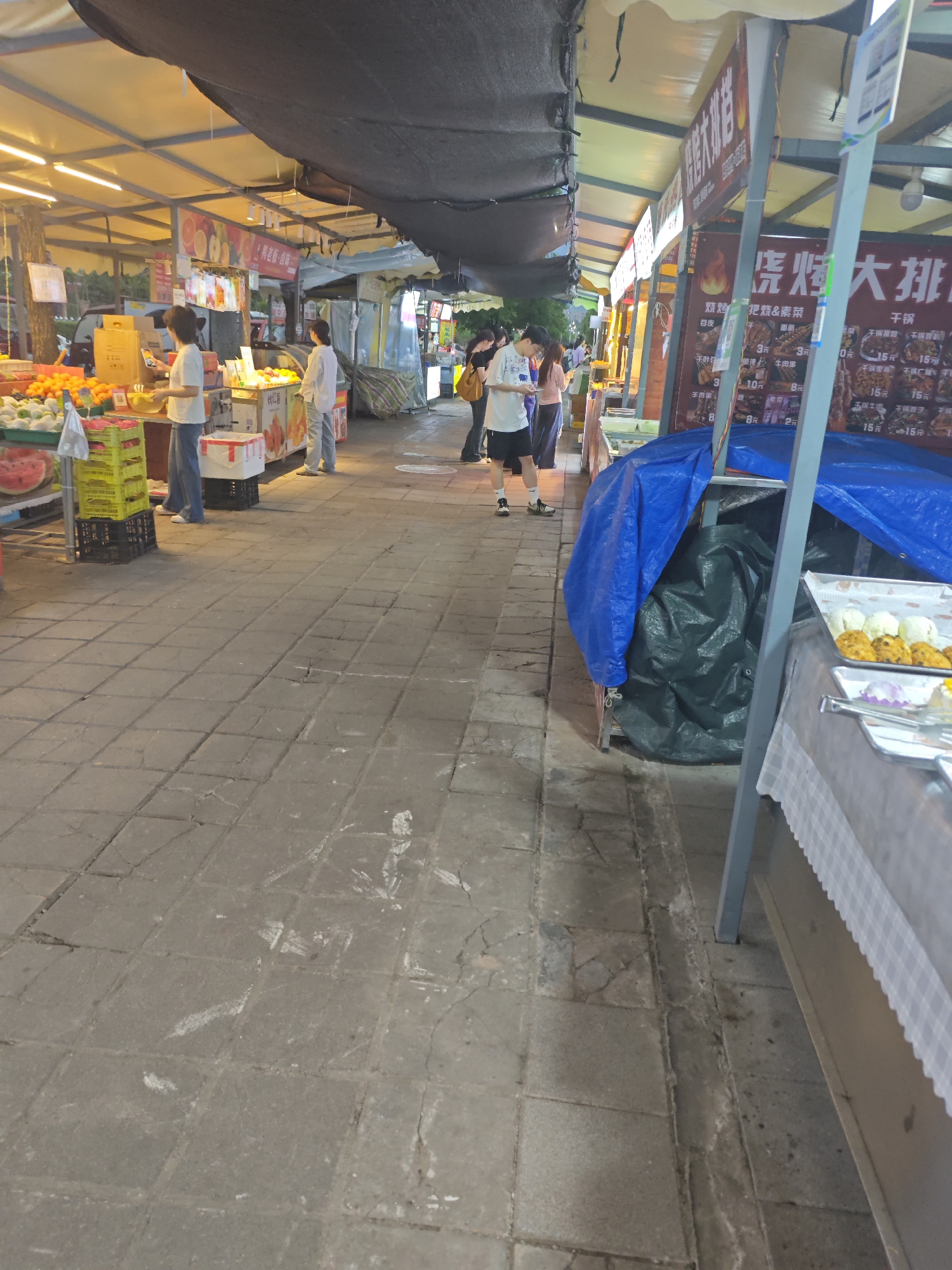 This image shows a pedestrian street at night with food vendors lined up on either side, typical of a night market. Located in Shapingba District, China, the street is paved with rectangular stone tiles. Several people are walking in the middle of the street, with some appearing to browse the vendors.
On the left side of the frame, there's a stall selling fruits, including watermelons, oranges, and other produce, attended by a person in a white shirt. Across the street, another vendor is partially covered with a blue tarp, and a sign for "烧烤大排档" (barbecue) is visible. This stall appears to be selling grilled skewers, based on the tray of food items visible. The vendors' stalls are illuminated by string lights under a dark canopy that covers the street, casting a dim, warm light on the scene.