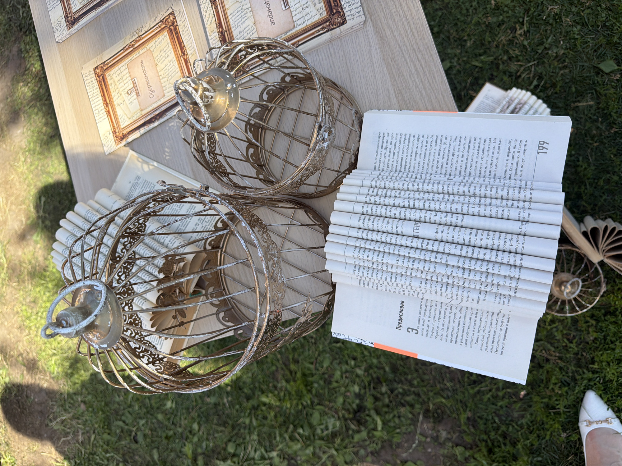 In an outdoor setting, likely a park or garden, a wooden table is laid out. On the table are two ornate, gold-colored birdcages, one significantly larger than the other. Both cages are empty. Stacked behind the cages are several books, their pages fanned out in a decorative manner, creating a visually interesting texture. Some of these books appear to be older, with visible text.
To the right of the birdcages, two framed picture cards are placed on the table. The frames are ornate and gold, with the cards featuring a vintage aesthetic. One card displays text that appears to read "Одержимость" in a decorative font, suggesting a theme or title.
In the foreground, a book is open and its pages are folded into a fan shape. The text in this book is legible, with one page clearly showing the heading "Предисловие" and the number "3" prominently displayed. Another visible page has the number "199" at the bottom.
To the left of the table, a white woman's high-heeled shoe with a gold buckle is visible on the grassy ground. The ground is covered in green grass, with dappled sunlight suggesting it is daytime. A shadow of a person is cast on the grass to the left of the scene. The overall impression is a staged, decorative setup, possibly for an event or as a photo opportunity.
