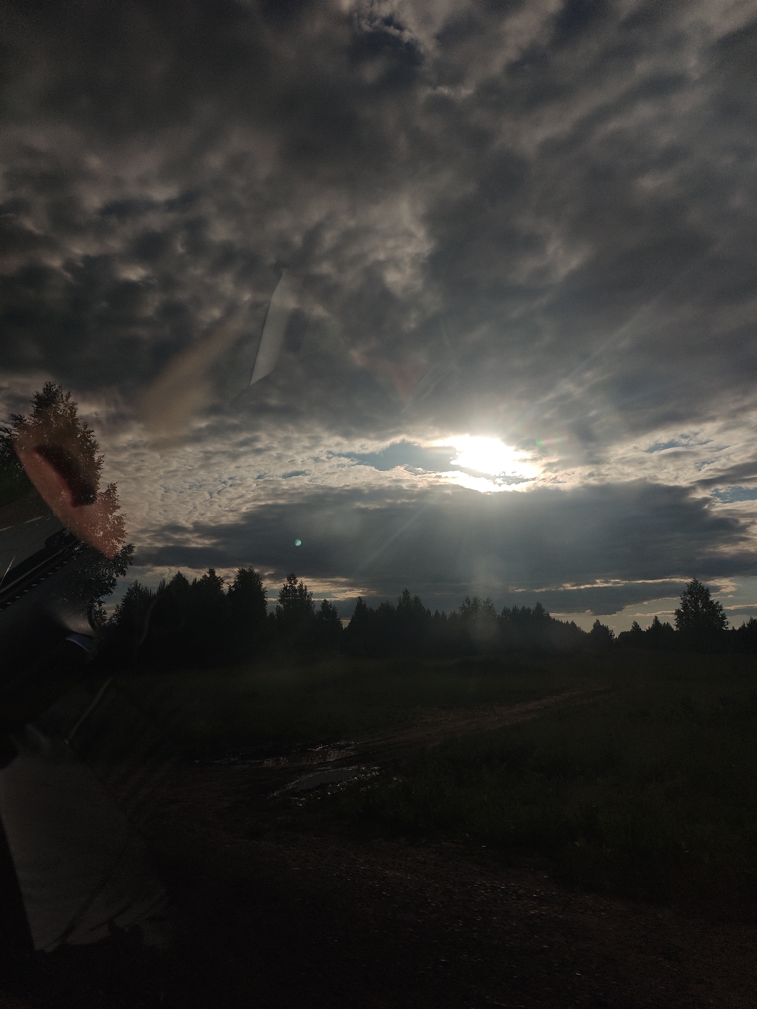 A landscape photograph captured in the city of Kamennyi Kliuch, Russia, depicts a scene under a heavily overcast sky with sunlight breaking through. The sun, positioned in the upper-middle right quadrant, emits intense crepuscular rays that penetrate dense, dark grey cloud formations. Patches of lighter sky are discernible near the sun's immediate area and intermittently across the upper frame.
A dark, silhouetted treeline, composed of numerous trees, forms a horizontal band across the middle of the image, separating the illuminated sky from the darker foreground. Below the treeline, an unpaved dirt track or road is visible, winding towards the right. Patches of standing water or mud are present on the track, and sparse, dark green vegetation flanks the road.
The image appears to have been captured from inside a vehicle, indicated by significant reflections on what is presumably a windshield. On the far left, a reddish-brown, indistinct reflection, possibly an ear or part of a head, is visible. Lighter, elongated reflections, indicative of windshield glare, extend into the upper left quadrant of the sky, and another distinct bright, angular reflection cuts across the upper right sky. No individuals or animals are discernible in the scene. The lighting is characterized by high contrast, with the bright sun creating deep shadows in the foreground and strongly silhouetting the trees.