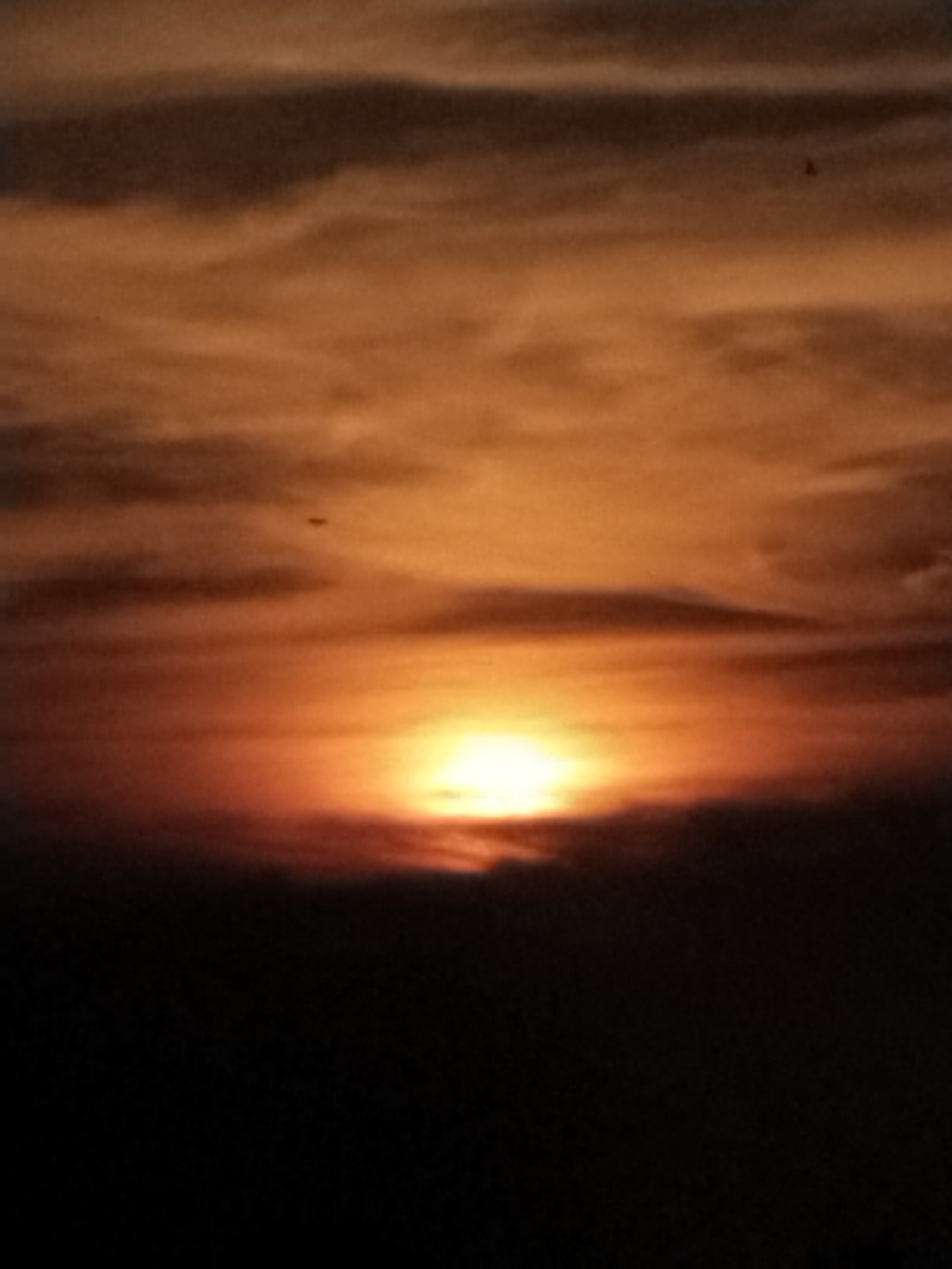The image is a photograph of a sunset over a dark, silhouetted landscape. The sky is filled with dramatic clouds painted in shades of orange, yellow, and red, with darker clouds creating deep shadows. The sun is a bright, intense orb low on the horizon, its light creating a radiant glow. Two small, dark shapes, possibly birds, are visible in the upper portion of the sky. The lower part of the image is almost entirely black, suggesting a foreground of trees, buildings, or mountains. The overall impression is one of a serene and powerful natural event.