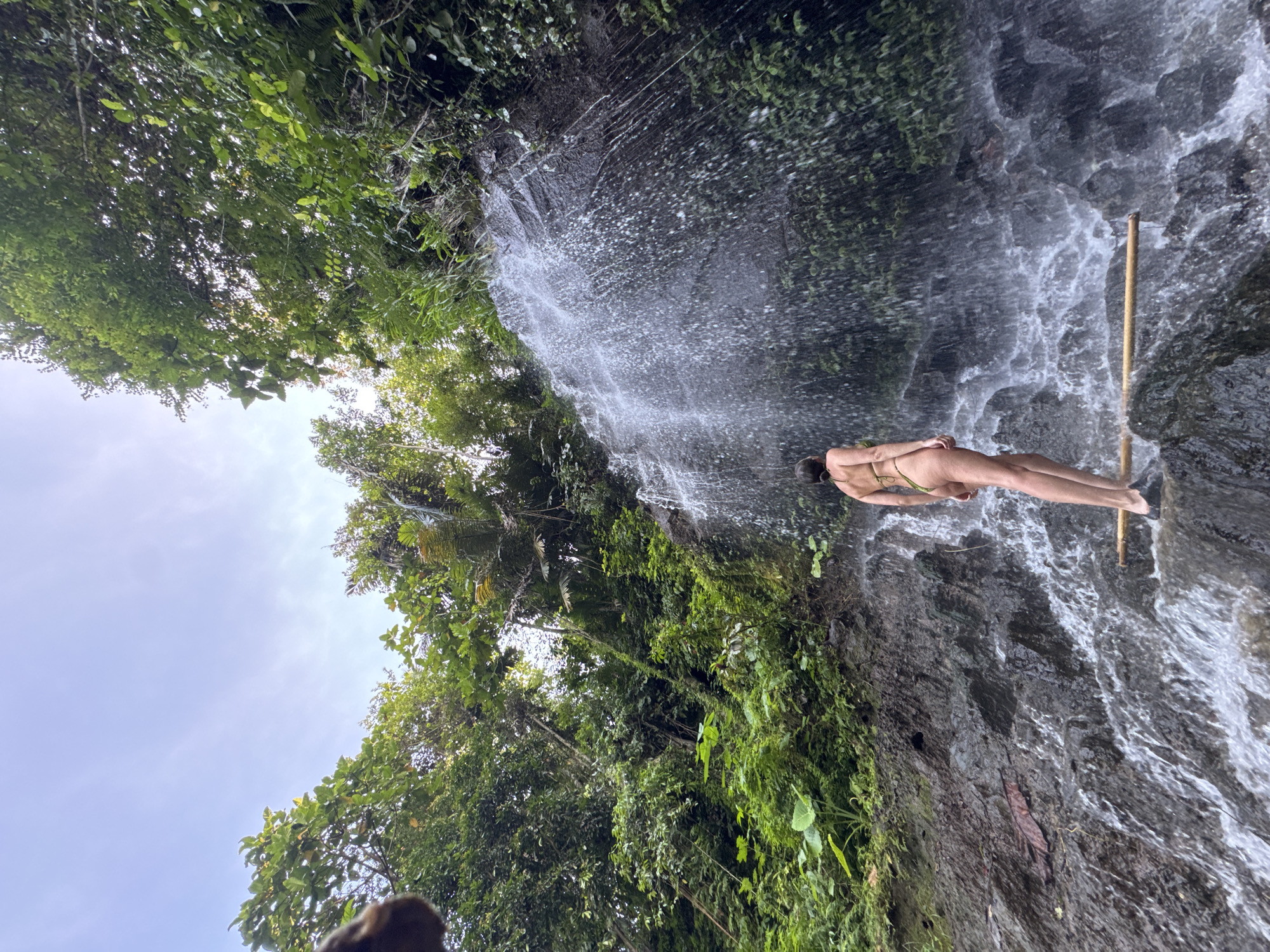 The image shows a waterfall in a lush, tropical environment, likely in the Gianyar region of Indonesia. A person in a bikini is standing on a rock ledge near the waterfall, holding onto a bamboo pole. The water is cascading over the rocks, surrounded by dense foliage and trees. The sky is partially visible through the canopy of trees.