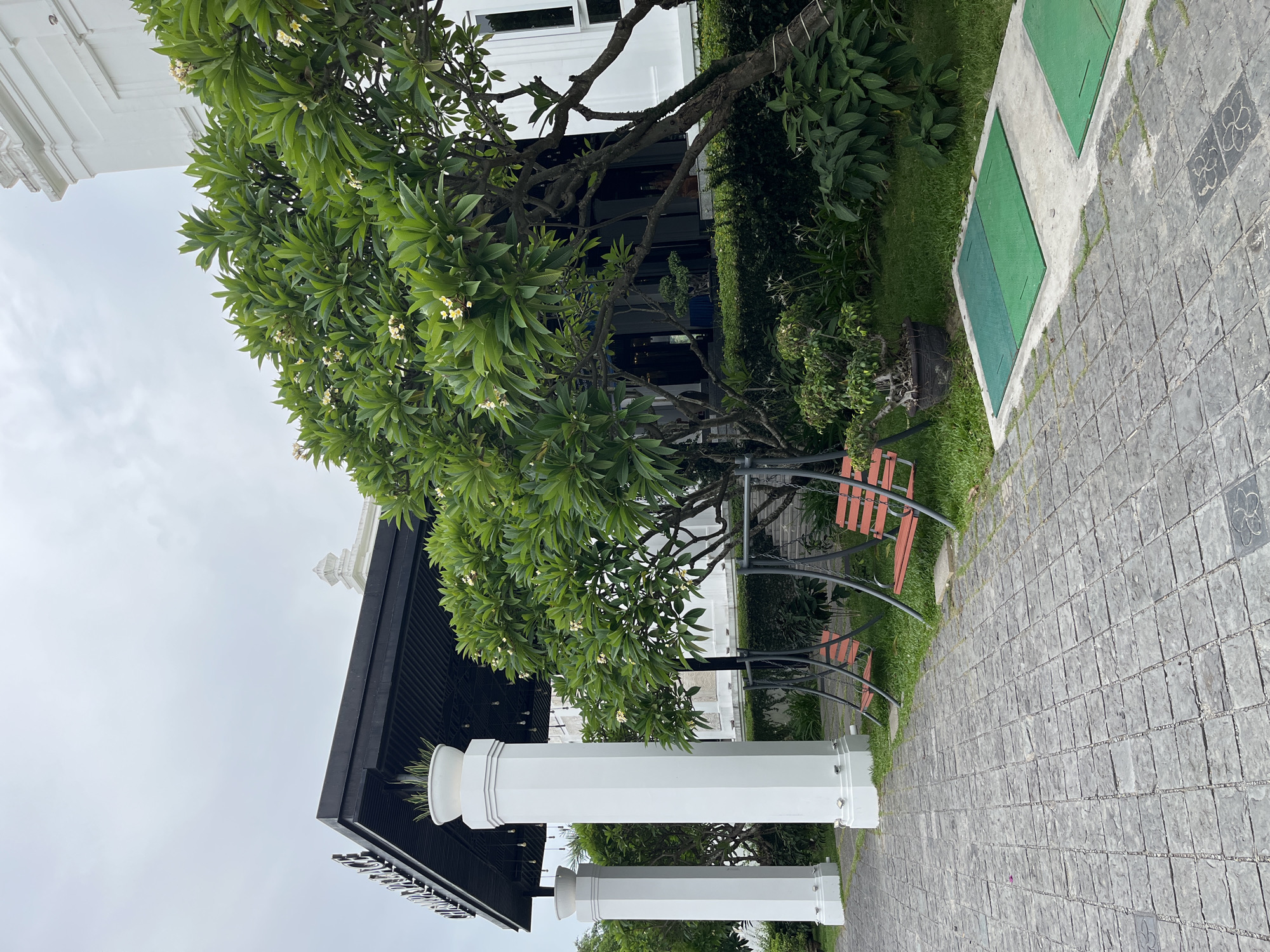 The image depicts the entrance area of a building, possibly a hotel or a resort, identified by the visible signage as "GRAND MA... PALACE". The building is a large, white structure with a modern, dark-colored overhang supported by substantial white pillars. In front of the building, two orange swings with metal frames are placed on a grassy area. A tree with lush green foliage and a few white flowers is situated to the right of the swings. The foreground features a patterned stone pathway. The location is specified as Nha Trang, Vietnam. The sky is overcast, suggesting a cloudy day. No people are visible in the image.