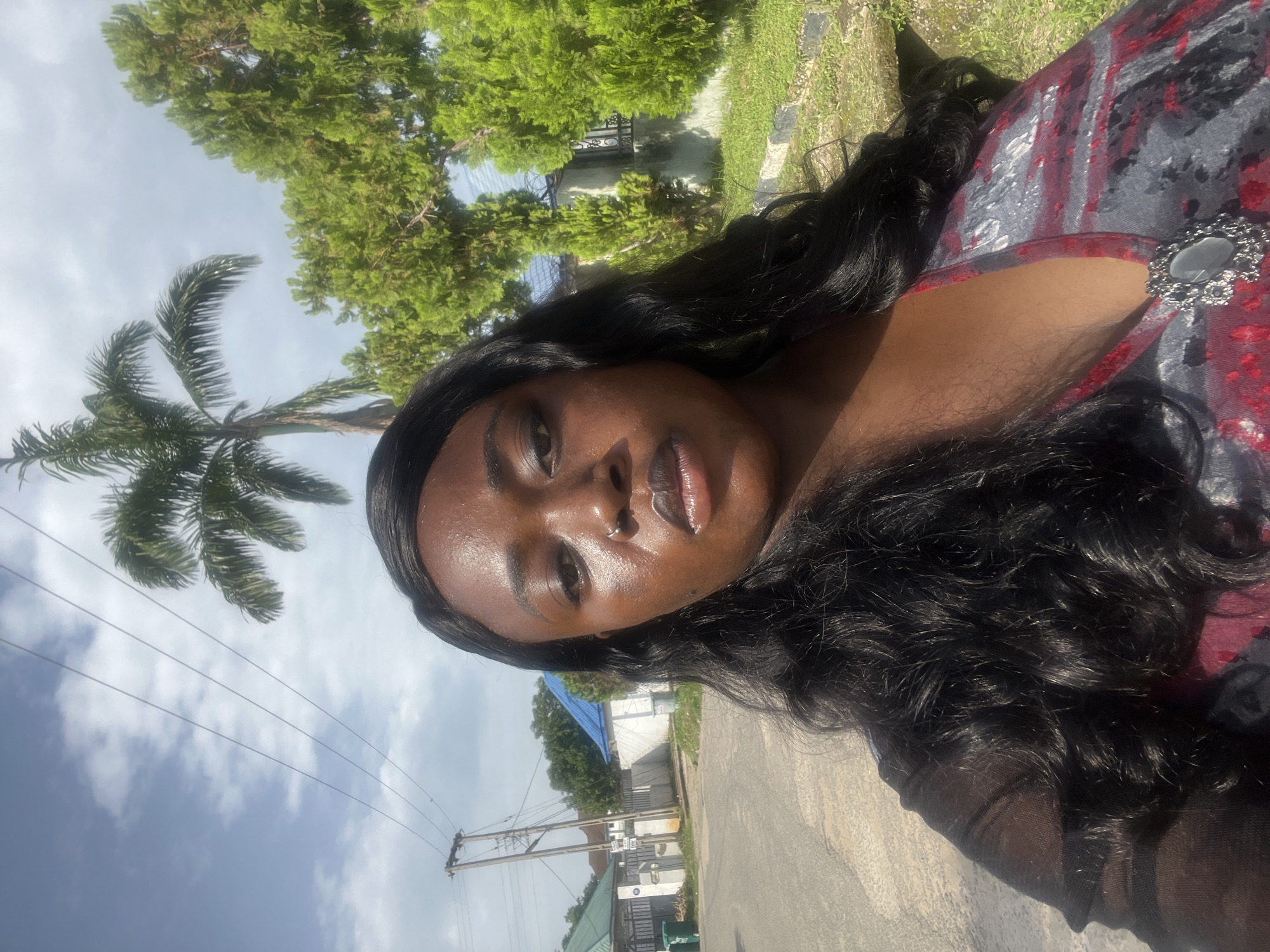 A young Black woman with long, dark, wavy hair and a nose ring poses for a selfie outdoors. She is wearing a v-neck top with a grey, red, and black pattern, adorned with a large, ornate brooch. The woman's face is the primary focus, with the background blurred. Behind her, a street is visible, lined with houses and a tall palm tree. Lush green trees and a cloudy sky complete the scene, suggesting a warm, sunny day in Abuja, Nigeria.