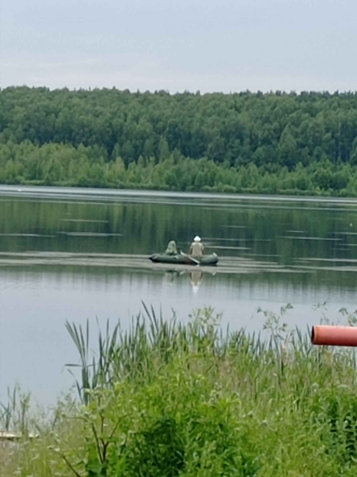 In a wide shot of a tranquil lake, two people are fishing from a small inflatable boat. The boat, dark green in color, is positioned in the middle of the water. One person, wearing a white cap, is visible in the back of the boat, while another person, dressed in camouflage, is seated in the front.
The lake's surface is calm, reflecting the overcast sky and the dense green treeline that forms a backdrop across the horizon. The treeline is a mix of deciduous and coniferous trees, suggesting a temperate forest environment. Tall reeds and grasses grow along the near bank, with some vegetation extending into the water. A section of a reddish-orange pipe is visible on the right side of the frame, jutting out from the reeds.
The sky is a uniform light gray, indicating a cloudy or overcast day. The overall impression is one of peaceful, possibly early morning or late afternoon, fishing activity in a natural, somewhat wild setting. The location is identified as Degtyarsk, Russia. There is no visible text in the image.