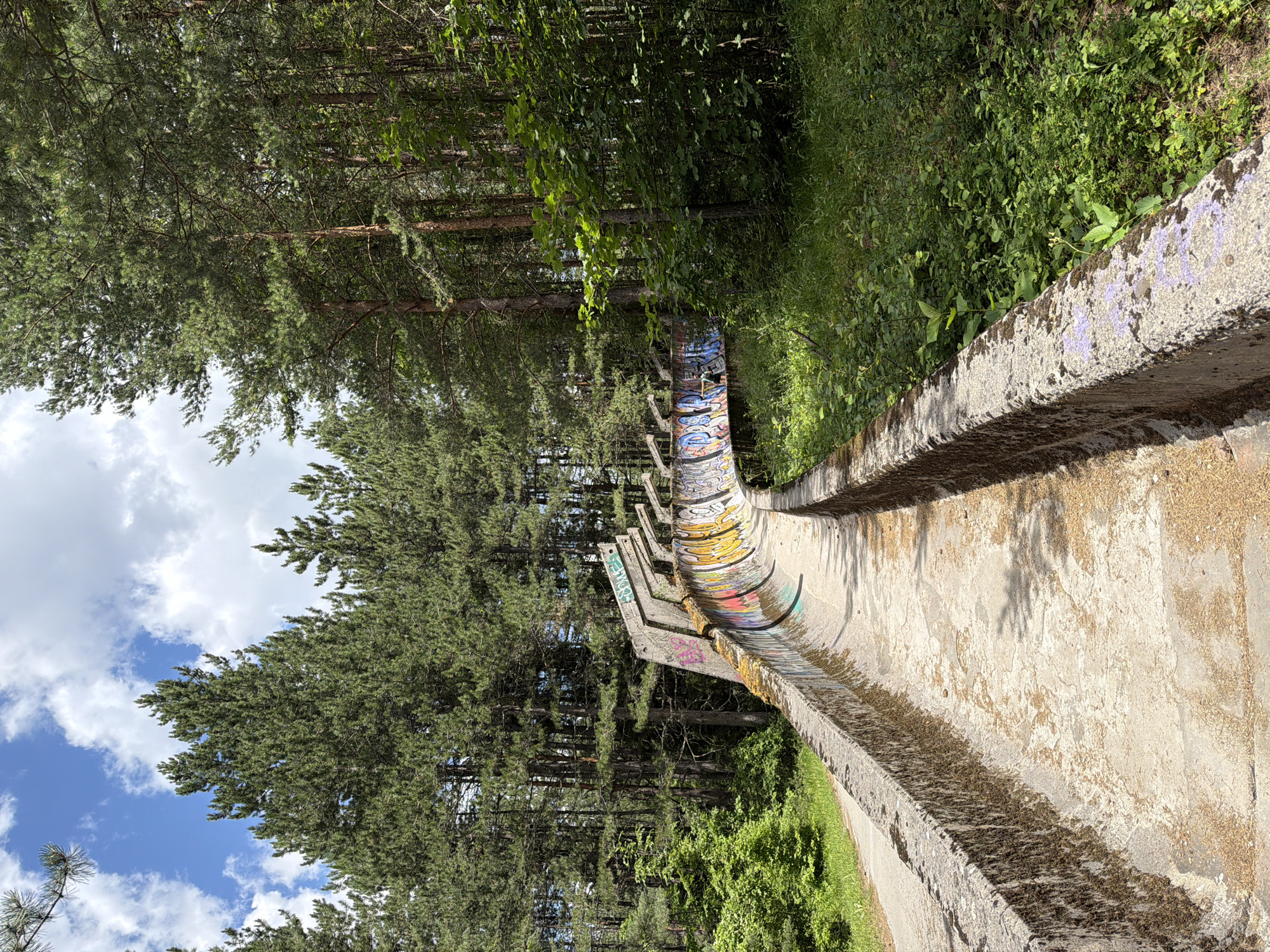 This image shows the abandoned bobsled track from the 1984 Winter Olympics, located on Mount Trebević in Sarajevo, Bosnia and Herzegovina. The concrete track, worn and covered in moss and graffiti, winds through a dense forest of tall pine trees. The sky above is blue with scattered white clouds. The track's concrete walls are covered in colorful, graffiti art. Vegetation, including grass and bushes, grows around the track and on its sides. A narrow paved path runs alongside the track on the left side of the image. The scene conveys a sense of decay and abandonment within a natural setting.