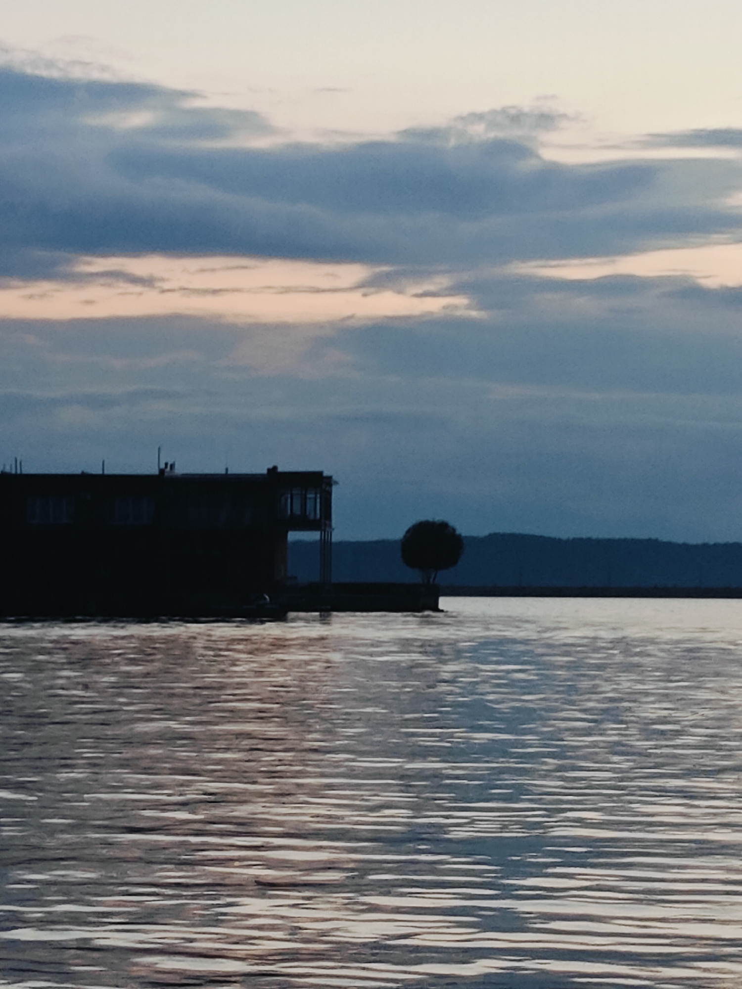 This media file captures a serene evening scene by the water, likely in Chaikovsky, Russia. The primary subjects are a building silhouetted against the dusk sky, a lone tree standing on a pier, and the rippling surface of a body of water. The building appears to be a modern structure with multiple windows and a balcony or open area on the upper floor. The tree, with its rounded canopy, provides a striking contrast to the geometric lines of the building.
The scene is set during twilight, as indicated by the soft, diffused light and the colors of the sky, which transition from pale peach near the horizon to deeper blues and grays with wispy clouds overhead. The water reflects the sky and the surrounding scene, creating shimmering patterns of light and shadow. The overall mood is peaceful and tranquil, evoking a sense of calm and solitude.
The location cues, such as the calm water and the hilly or mountainous silhouette in the distance, are consistent with a lakeside or riverside setting in a region like Chaikovsky. There is no visible text in the image. The image does not depict any people or specific activities taking place, but rather focuses on the quiet beauty of the natural and built environment at the close of day.
