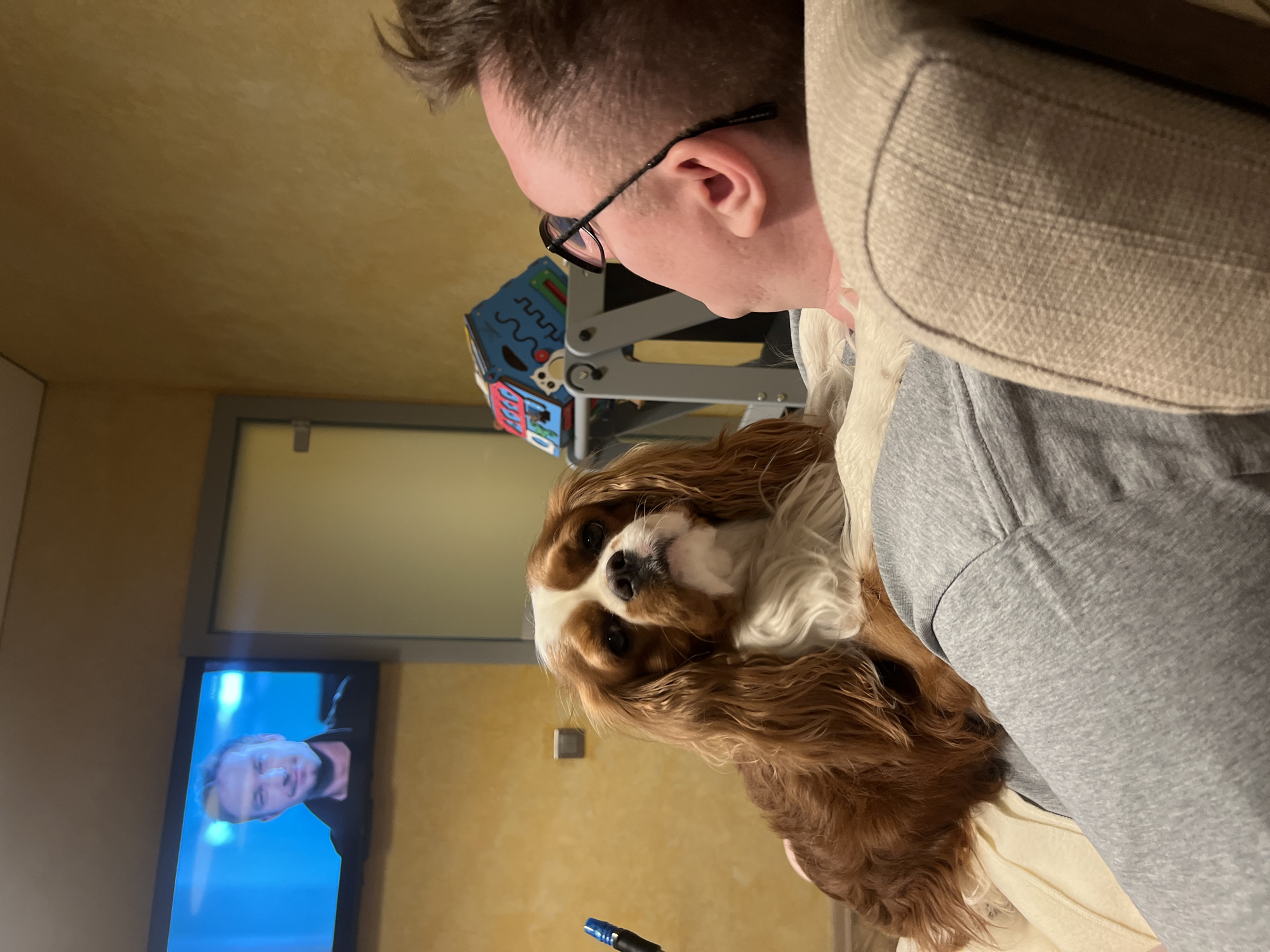 The image shows a man with short brown hair and glasses, sitting in a beige upholstered chair. A Cavalier King Charles Spaniel is resting on his lap. A TV is visible in the background, displaying a male figure. A child's toy is also behind the man. It is not possible to determine the location as Khimki, Russia from this image.