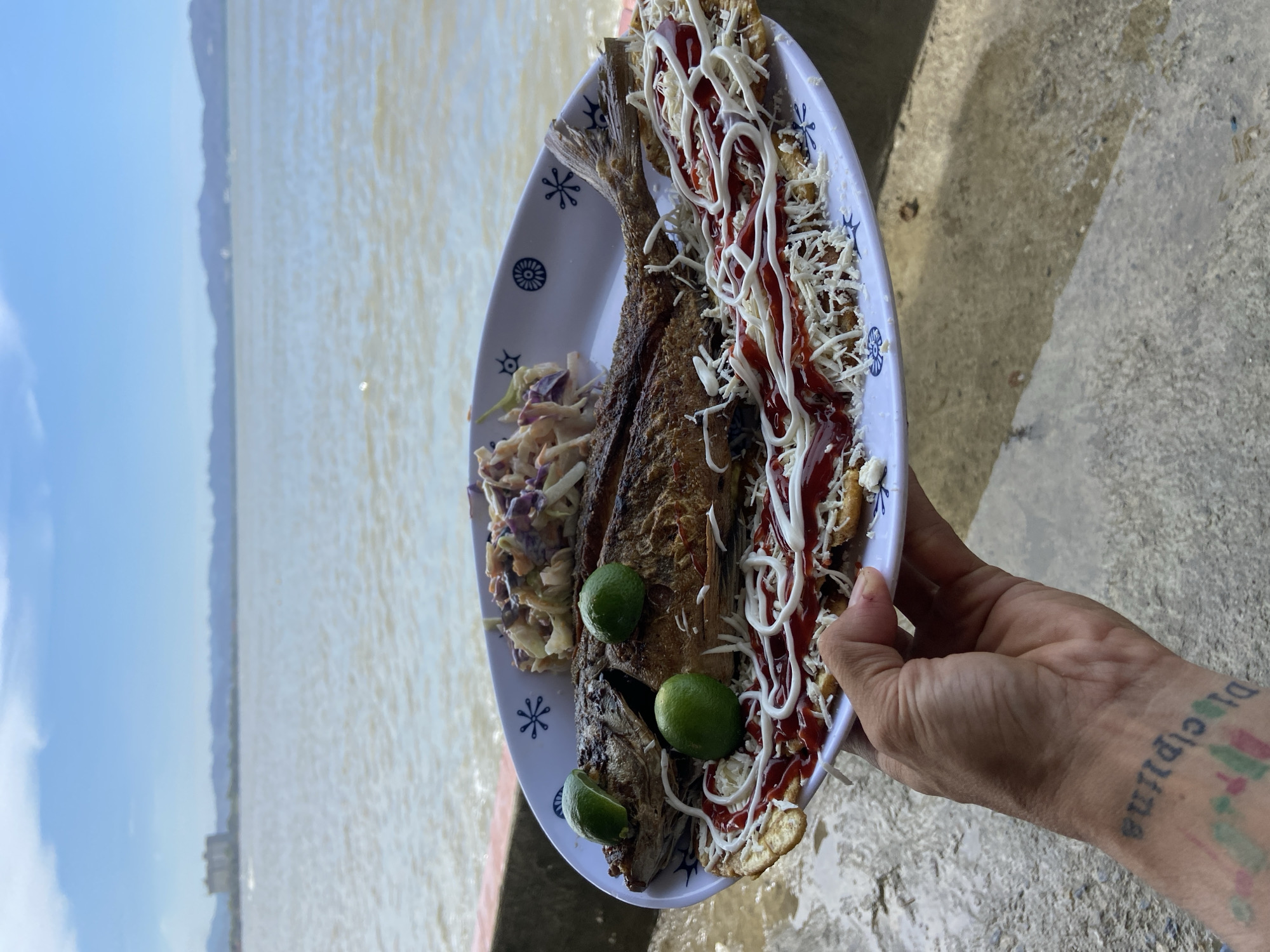 A hand holds a white plate with blue trim displaying a fried fish, a portion of slaw, and lime wedges, topped with shredded cheese, mayonnaise, and ketchup. The background shows a large body of water with land visible in the distance under a blue sky. The photograph was taken in Higuerote, Venezuela.