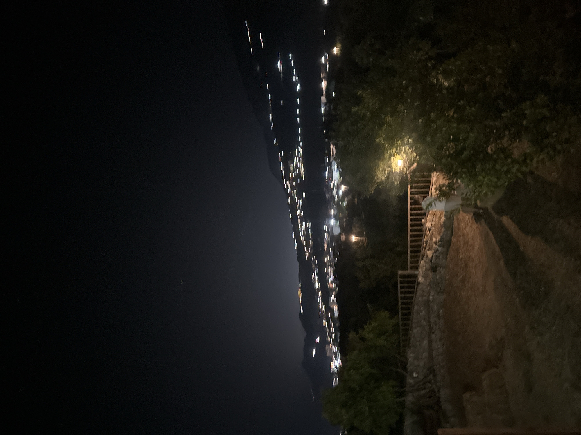 The image captures a nighttime view of the town of Pečurice, Montenegro, from an elevated position. The dark sky is illuminated by a sprawling expanse of lights from the town, which are strung along the slopes of a mountain in the background. The lights appear as streaks and dots, indicating the distance and possibly motion blur from the camera.
In the foreground, there is a terraced area with a stone retaining wall and a wooden railing. A person, possibly a tourist, is standing on the terrace, silhouetted against the distant town lights. The person is wearing light-colored clothing. Vegetation, including trees and bushes, is present in the foreground and middle ground, adding depth to the scene. A pathway or dirt ground is visible in the immediate foreground. The overall impression is of a tranquil, scenic overlook of a coastal town at night.