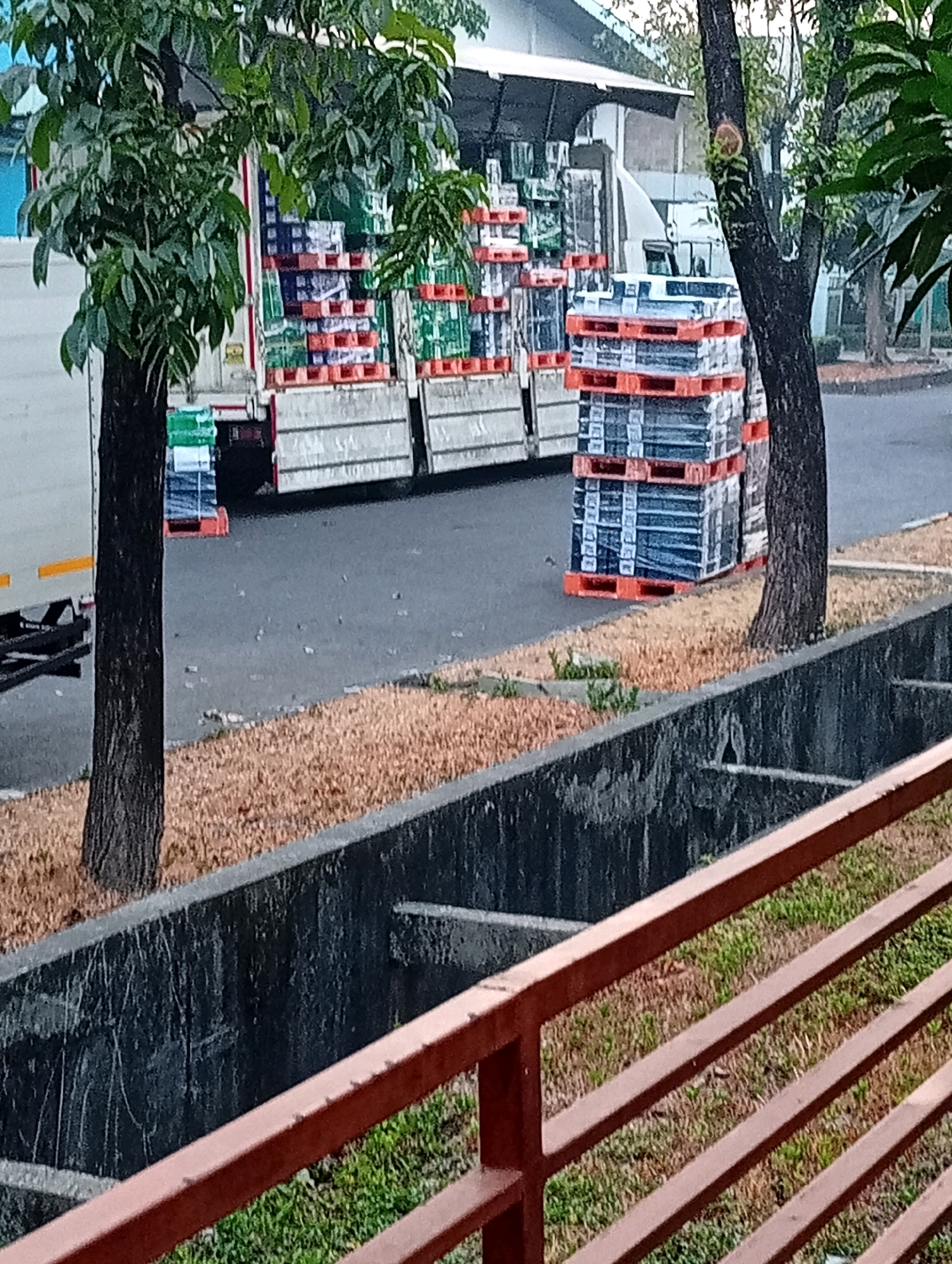 In Harjamekar, Indonesia, a large truck is parked on a paved surface, likely a street or loading area. The truck is loaded with numerous stacks of packaged goods, which are predominantly white and blue, resting on orange pallets. The goods appear to be merchandise or supplies. Several trees with dense green foliage are present, one on the left side of the image and another to the right, partially obscuring the truck. In the foreground, a concrete drainage channel runs horizontally, with a reddish-brown metal railing situated in front of it, overlooking a patch of dry grass and some scattered green vegetation. The overall scene suggests an outdoor industrial or commercial area, possibly a logistics hub or a delivery point, under natural daylight conditions.