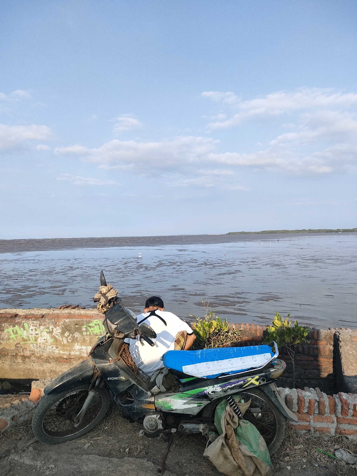 In Tongas Kulon, Indonesia, a weathered black Honda motorcycle is parked on a dirt and debris-strewn area adjacent to a low brick wall. A person wearing a white t-shirt and a black baseball cap is seated on the motorcycle, facing away from the camera, with their back towards a vast expanse of shallow water and mudflats that stretches to the horizon. Several white birds are visible wading in the muddy water in the distance. The sky above is a pale blue with scattered white clouds. The overall scene suggests a quiet, possibly remote, coastal environment.
