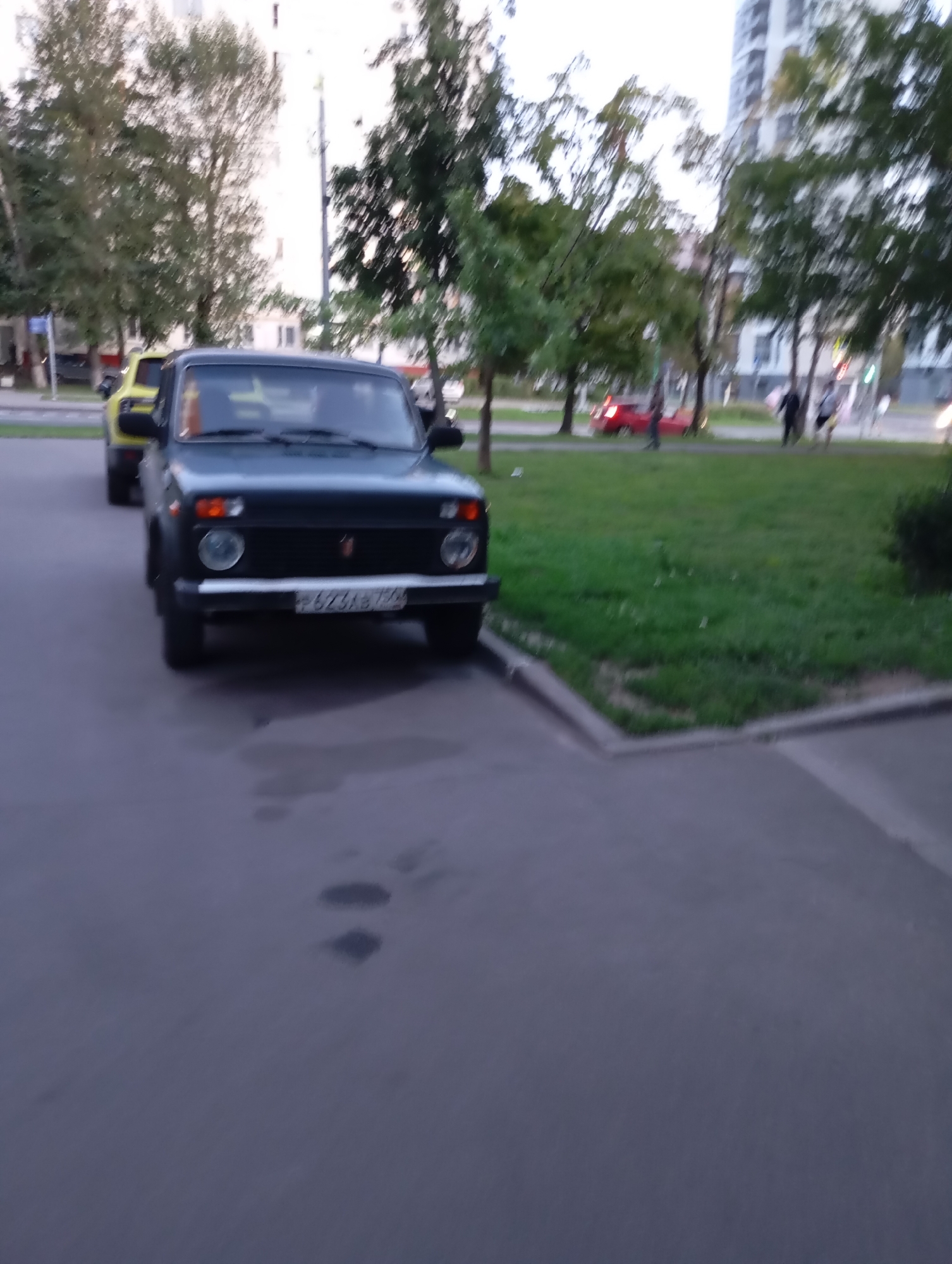 A dark blue Lada Niva is parked on the right side of the asphalt road in the foreground, facing forward. The car's license plate reads "P623AB 770". Behind the Lada, a yellow vehicle is also parked. In the middle ground, a grassy area is visible with several trees. A red car is parked on the left side of the road in the distance. The background features apartment buildings and more trees, suggesting an urban residential area. Two people are walking on the grass in the middle ground. The sky is overcast.