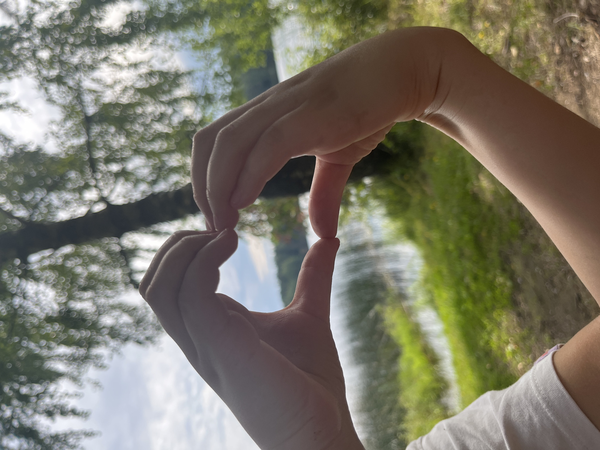 In Pillapalu, Estonia, a person forms a heart shape with their hands in the foreground, their arms and torso partially visible wearing a white t-shirt. Behind them, a blurred background depicts a tree trunk, foliage, and a body of water under a cloudy sky. The image is captured in a close-up, portrait-oriented perspective, focusing on the hands and the natural setting.