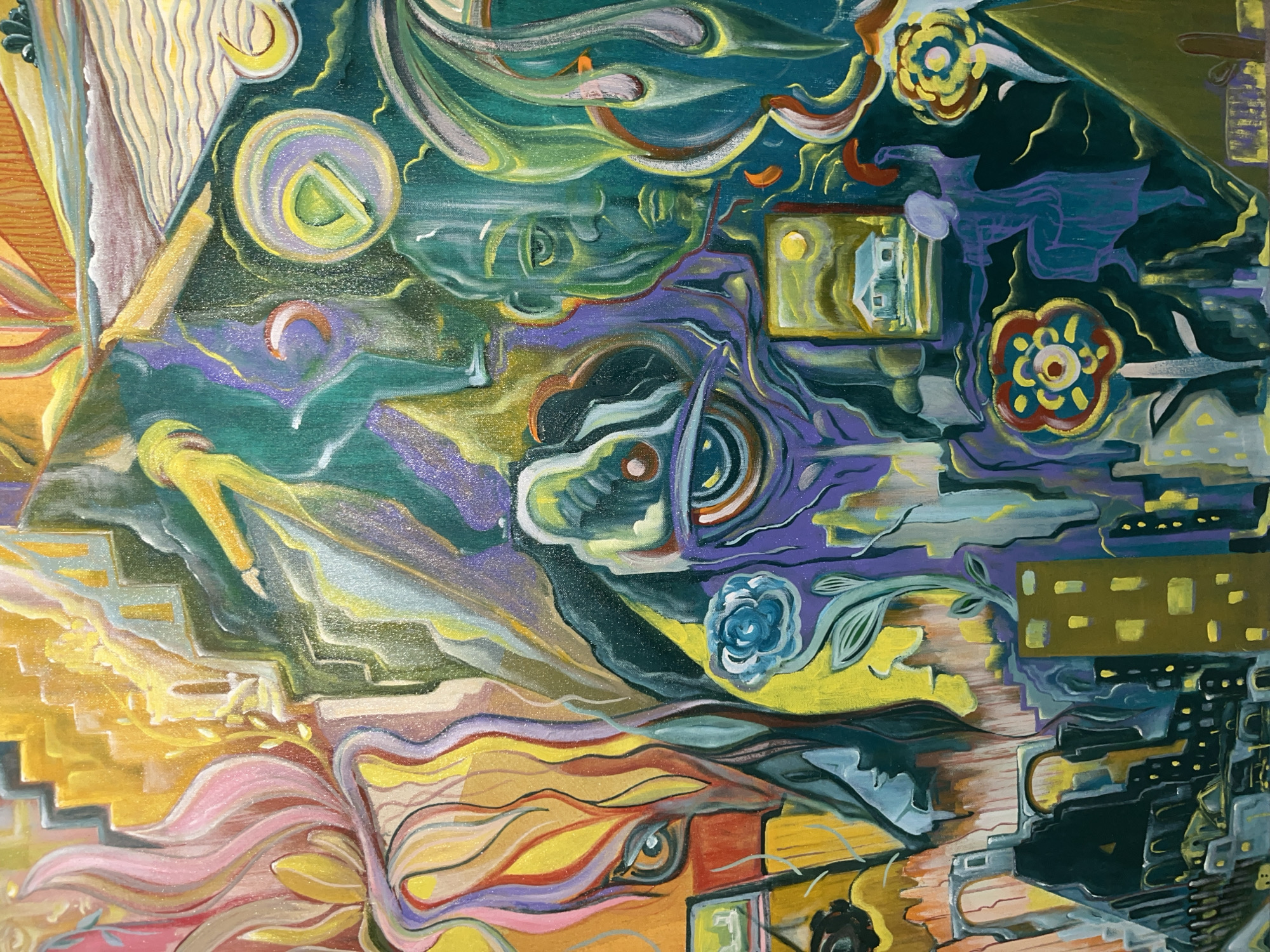 The image is an abstract painting featuring a mix of geometric and organic shapes in a variety of colors, including yellows, greens, blues, purples, and oranges. The composition suggests a dreamlike cityscape.
Specific elements include:
* A staircase-like structure in shades of yellow and gold, suggesting a building or monument.
* Floral motifs scattered throughout, in blues, yellows, and reds.
* Rounded shapes that could be interpreted as celestial bodies or architectural details.
* Areas with swirling lines, suggestive of movement or atmospheric effects.
* Rectangular shapes with small squares, potentially representing windows in buildings.
* A dark area towards the right, possibly representing the shadows of buildings.
No people, subjects, objects, actions, interactions, or the city of Krasnoyarsk, Russia are identifiable in the image.