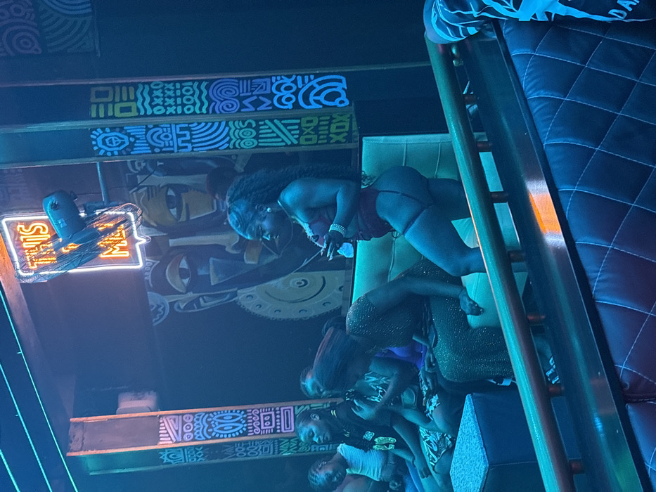 A dimly lit bar scene features a group of women. One woman, adorned in red lingerie and silver bracelets, leans forward. The bar's decor includes tribal-themed artwork and neon signs. A ladder and cushioned seating are also visible. Other women are seated, some looking at their phones, wearing dresses and casual tops. The room is lit with blue and green hues.