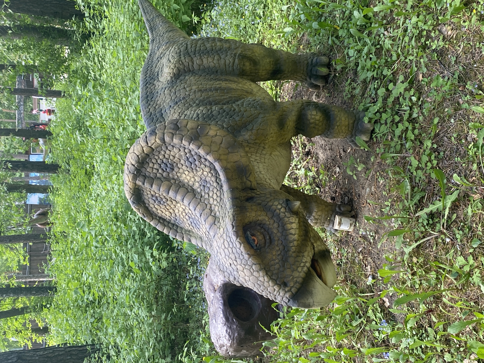 The image shows a dinosaur statue in a wooded area. The statue appears to be of a Protoceratops. The location is Yekaterinburg, Russia. The statue is green and brown with a prominent frill and beak-like mouth. It is surrounded by green vegetation. In the background, trees and structures are visible. A few people are also visible in the distance, appearing small. A block of stone is positioned in front of the dinosaur.