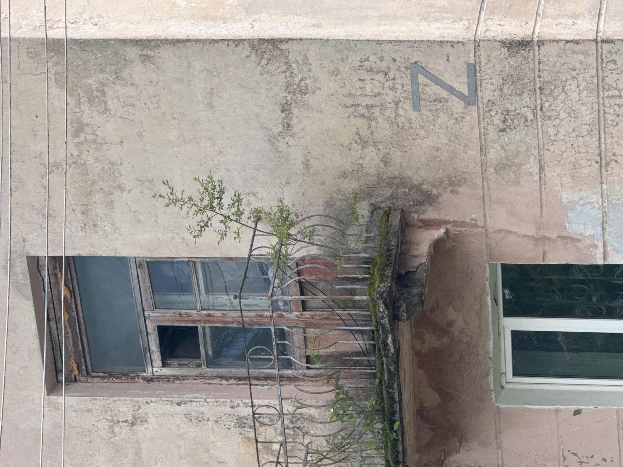 This media file captures a detail of a weathered building's exterior in Teployozersk, Russia. The primary subjects are architectural elements and a small plant.
Dominating the image is a portion of a building wall, rendered in a pale, textured material that shows signs of age and wear, including cracking and discoloration. To the left, a large, old window is visible, featuring a wooden frame with peeling paint. The window panes are varied in size and some are obscured or broken, revealing a dark interior. Attached to the wall above this window is a rusty metal grate or balcony railing, with a small green plant growing through it. This plant's delicate branches and leaves are a stark contrast to the decaying structure.
To the right of the window, another window is visible, this one newer with a clean white frame and tinted glass. The contrast between the old and new windows highlights the passage of time and potential renovations or updates to the building.
In the upper right quadrant of the image, a metal letter "N" is affixed to the wall. The building appears to be an apartment block or similar multi-story structure, with power lines running horizontally across the upper portion of the frame.
The scene suggests an outdoor setting, likely during daylight hours. The overall impression is one of urban decay and the resilience of nature, as evidenced by the plant thriving on the aged facade. There are no people visible, and the time of day and weather are not definitively indicated, though the lighting suggests it is not nighttime. The location cues are the building's style, the presence of power lines, and the specific context of Teployozersk, Russia.