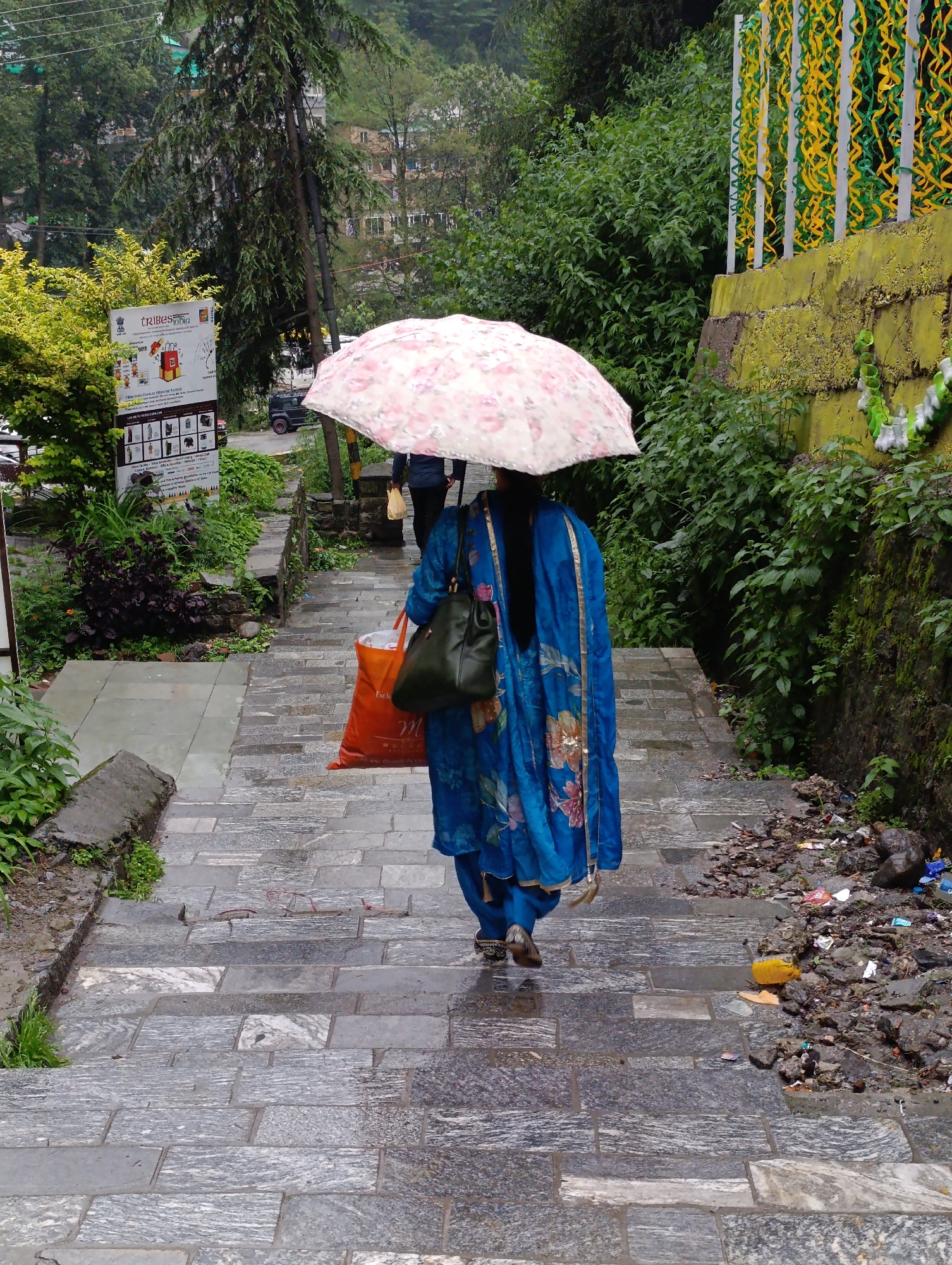 A person walks down a stone stairway in Manali, India, holding a floral-patterned umbrella over their head. The person is wearing a blue salwar kameez and carrying two bags, one orange and one dark green. To the right of the stairs, there is a wall covered in moss and a railing adorned with yellow and green ribbons. The stairway is wet, suggesting it might be raining or has recently rained. Some trash is visible on the side of the stairs. In the background, lush green trees and buildings can be seen.